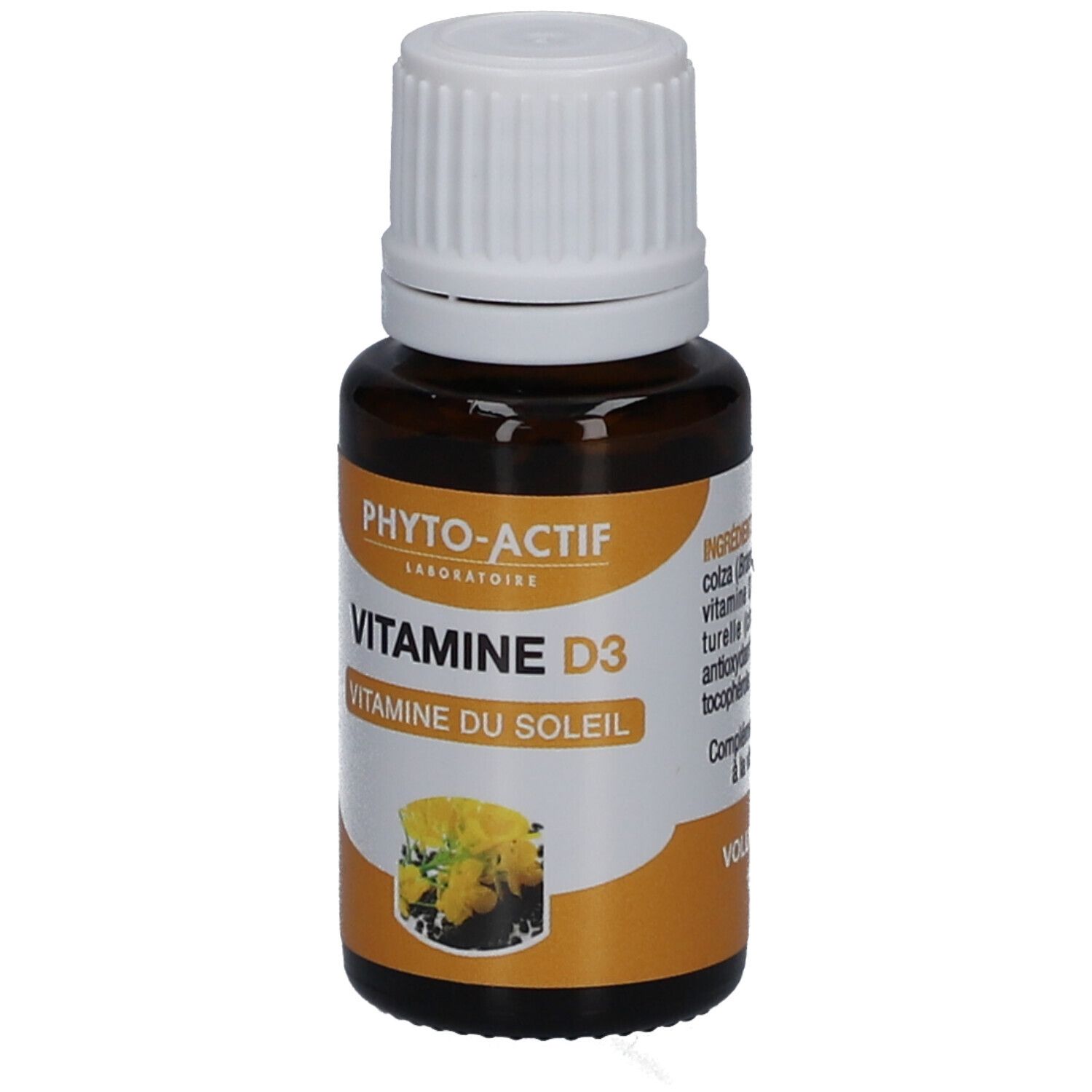 Braune Glasflasche mit weißem Deckel. Etikett mit Produktnamen und gelbem Hintergrund. Aufschrift: Vitamine D3.