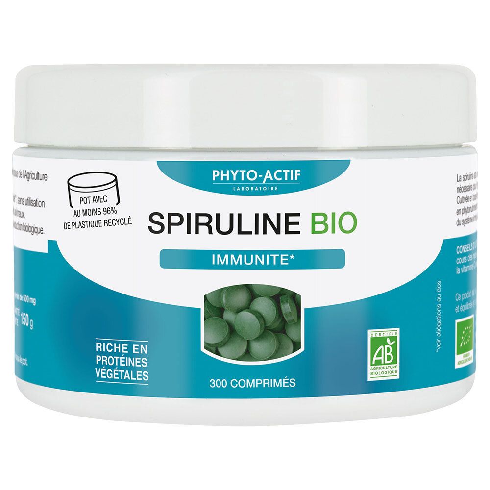 Weißes Glas mit blauem Band. Aufschrift: PHYTO-ACTIF Spiruline Bio, 300 Tabletten. AB-Siegel.