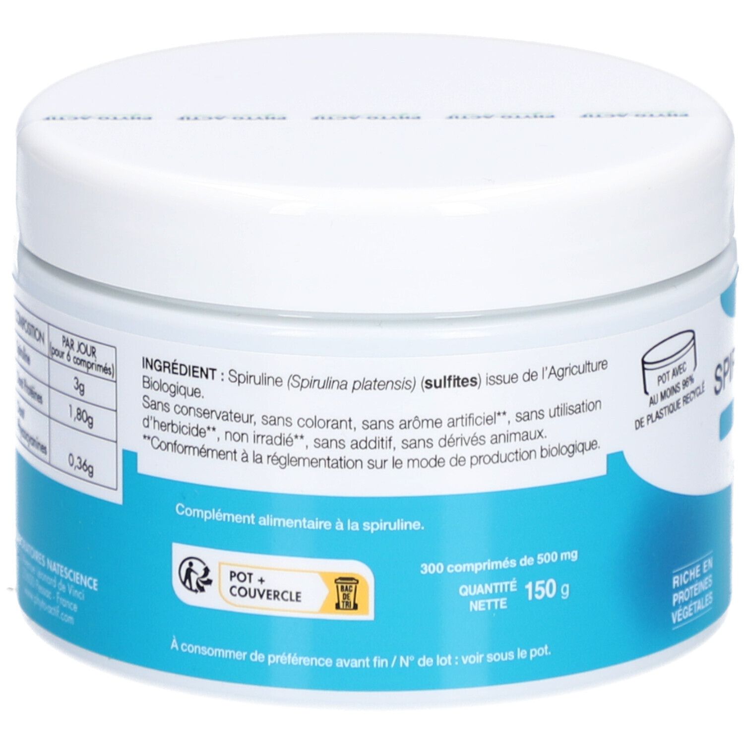 Rückseite des weißen Glases. Blaue Etikett mit Text und Informationen. Logo: AB-Zertifizierung. Text: 300 Tabletten, 150 g.