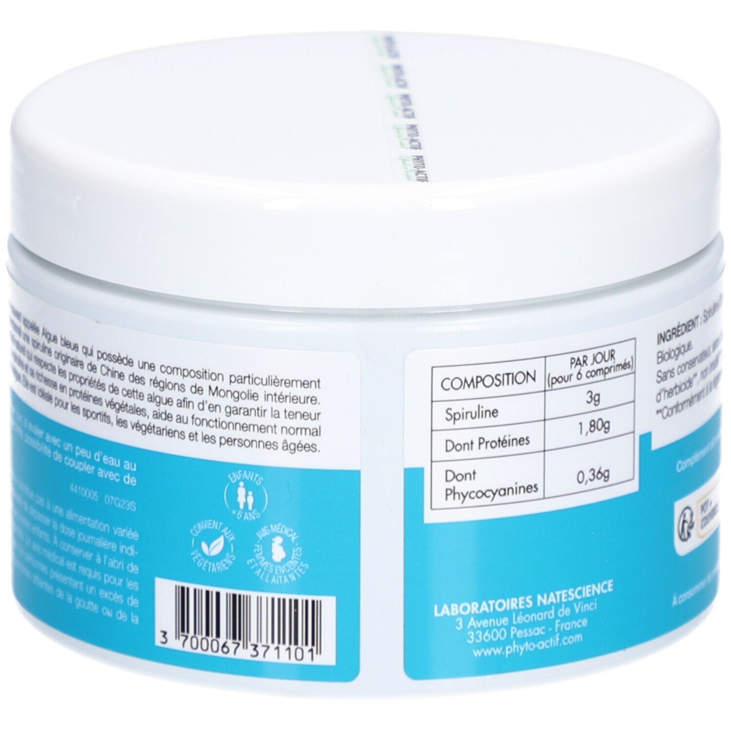 Rückseite des weißen Glases. Blaues Etikett mit Text und Informationen. Logo: AB-Zertifizierung. Text: 300 Tabletten, 150 g.