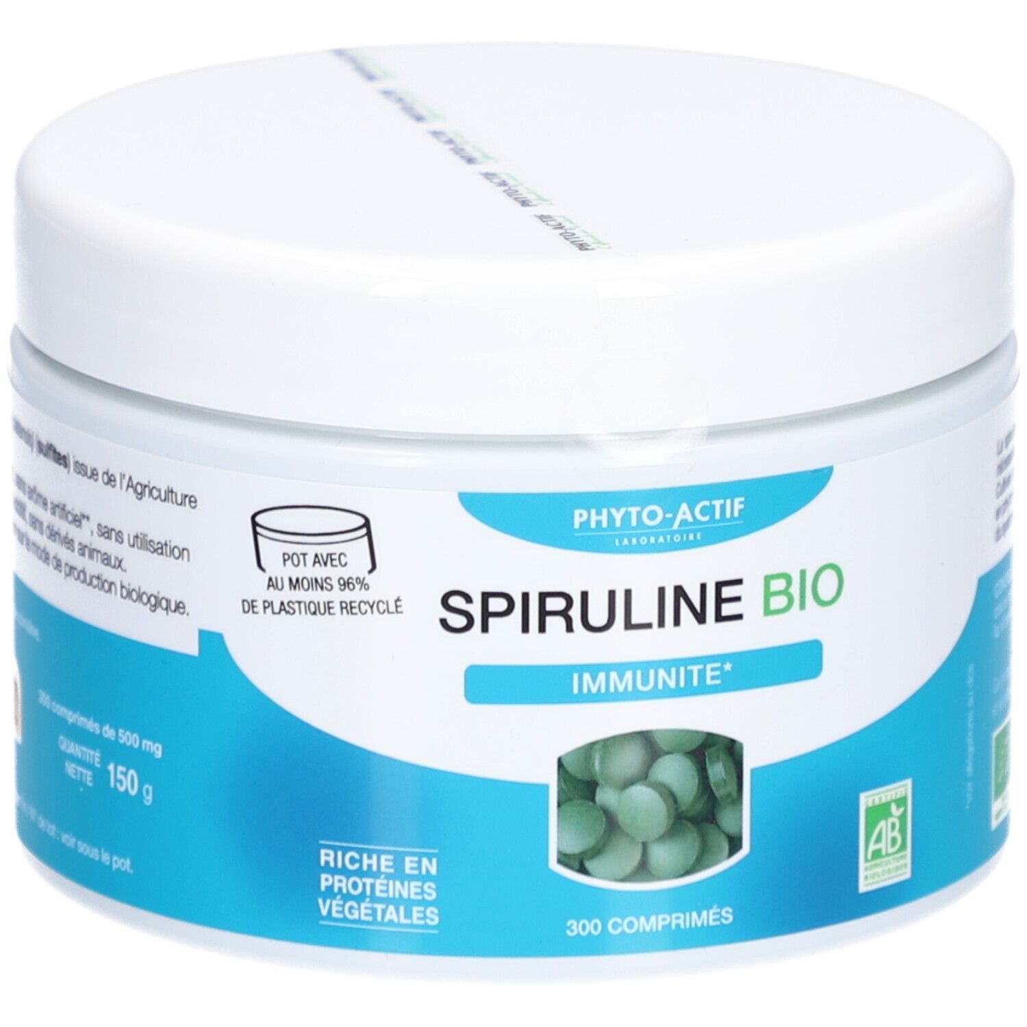 Weißes Glas mit blauem Etikett. Aufschrift: Spiruline Bio, 300 Tabletten. Logo: AB-Zertifizierung.