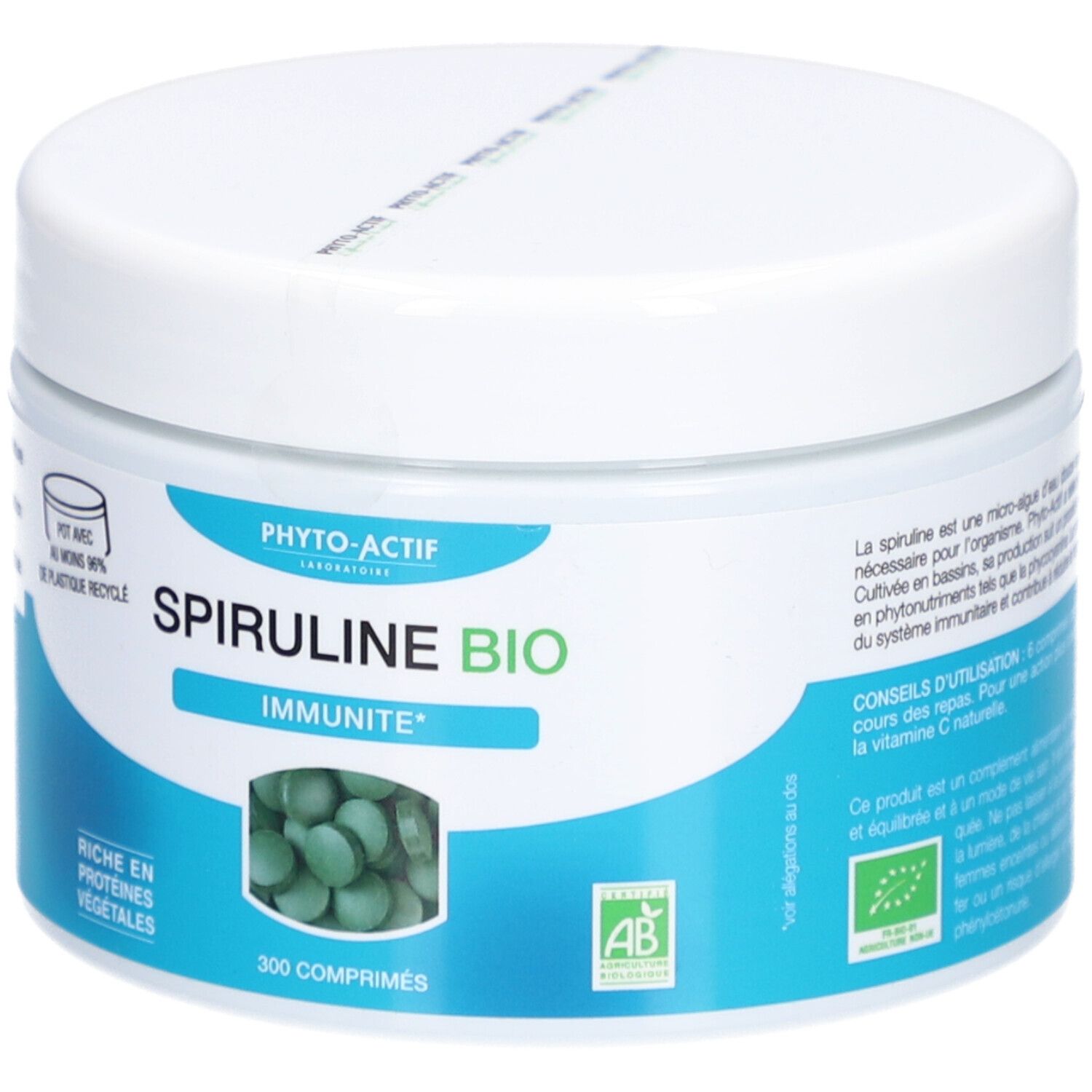 Weißes Glas mit blauem Etikett. Aufschrift: Spiruline Bio, 300 Tabletten. Logo: AB-Zertifizierung.