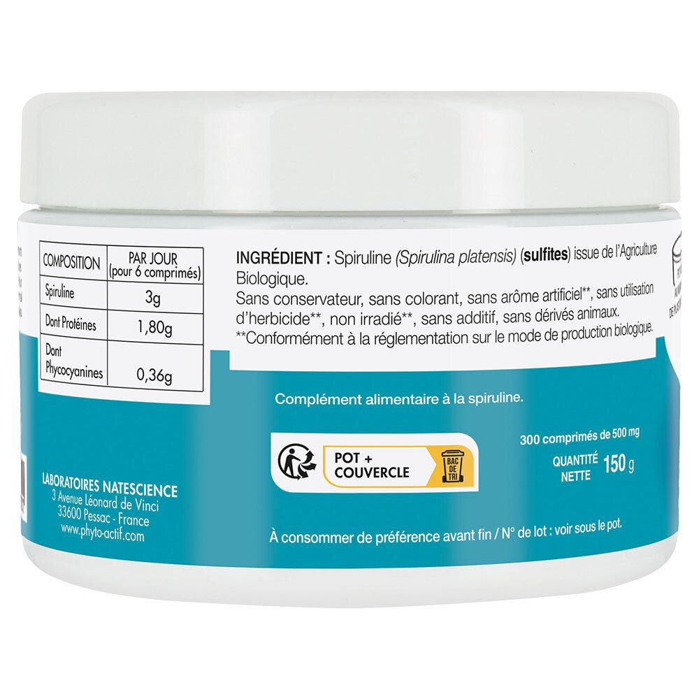 Rückseite des weißen Glases. Text: Zusammensetzung, Zutaten, 300 Tabletten, 150g. Logo: Pot + Deckel.