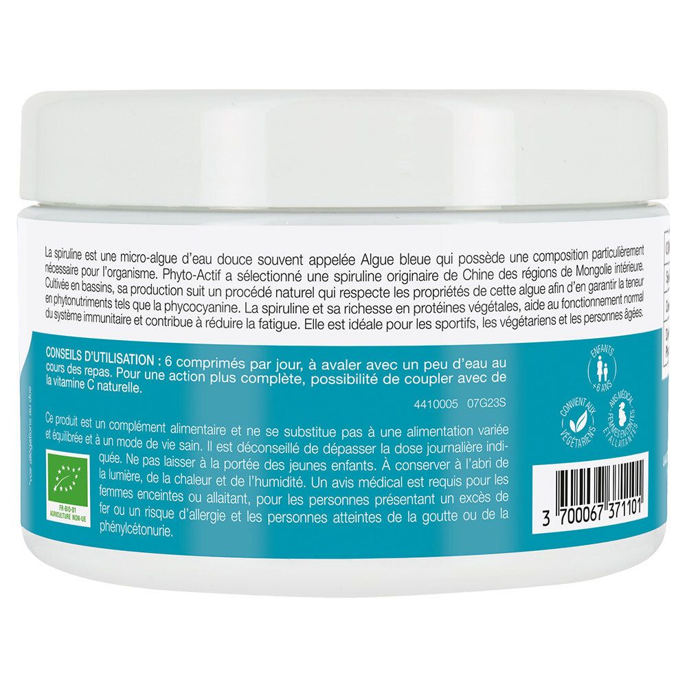 Rückseite des weißen Glases. Text: Gebrauchsanweisung, Informationen zur Spirulina. AB-Siegel.