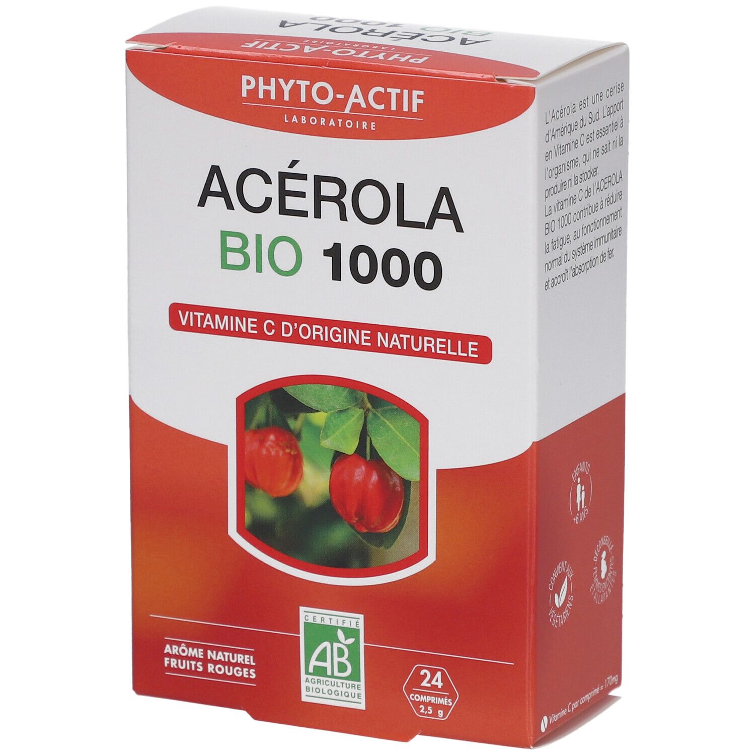 Verpackung von PHYTO-ACTIF Acérola Bio 1000 mg. Rote und weiße Schachtel mit Produktnamen und Bio-Siegel. Enthält 24 Tabletten.