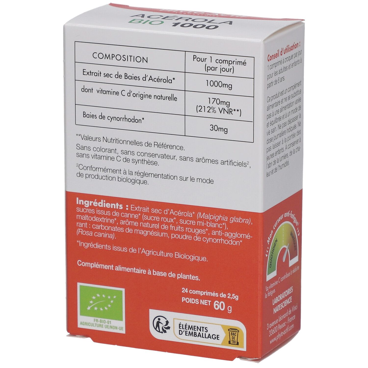 Rückseite der Schachtel von PHYTO-ACTIF Acérola Bio 1000 mg. Enthält Inhaltsstoffe, Nährwertangaben und Bio-Siegel. 24 Tabletten.