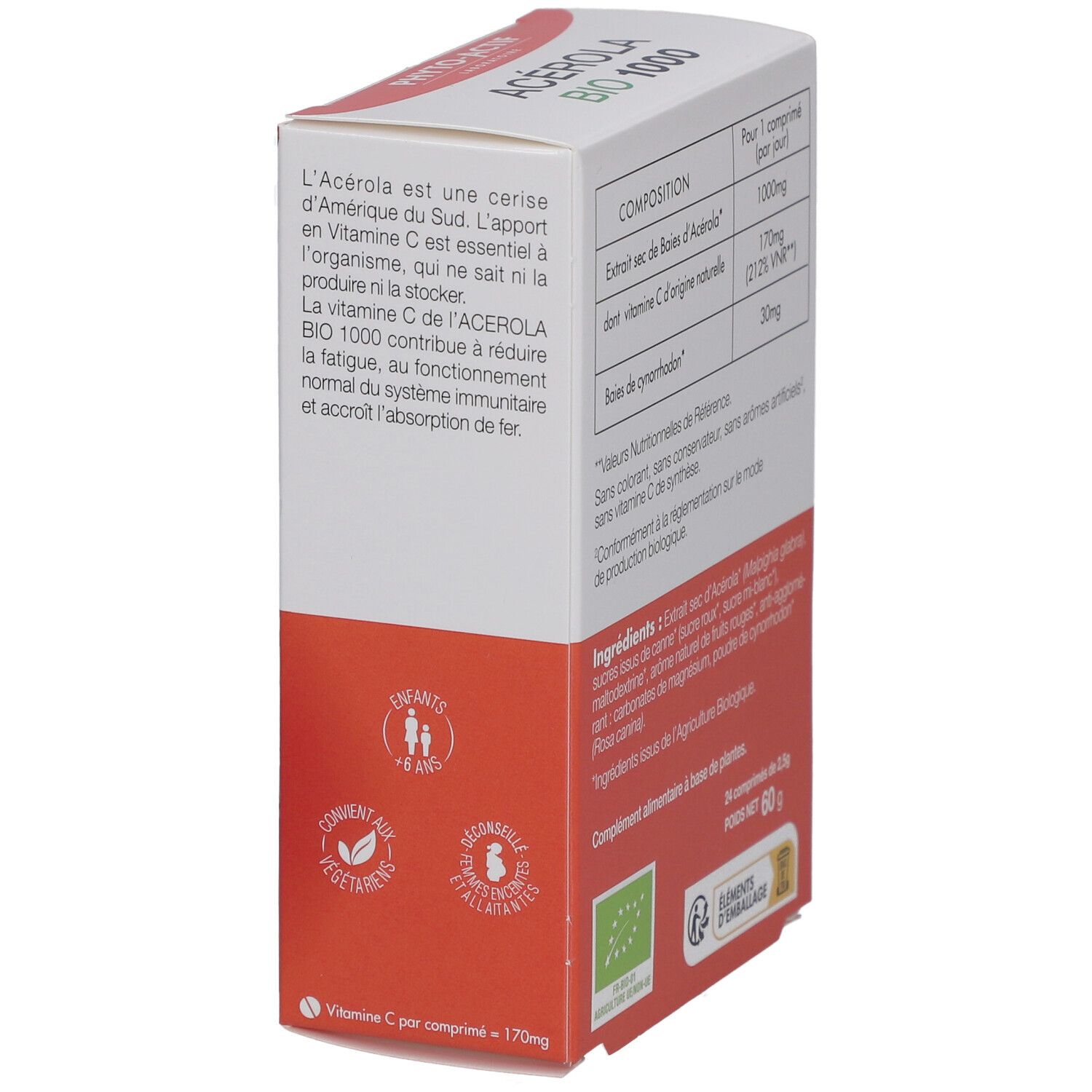 Seite der Schachtel von PHYTO-ACTIF Acérola Bio 1000 mg. Enthält Produktinformationen und Bio-Siegel. 24 Tabletten.