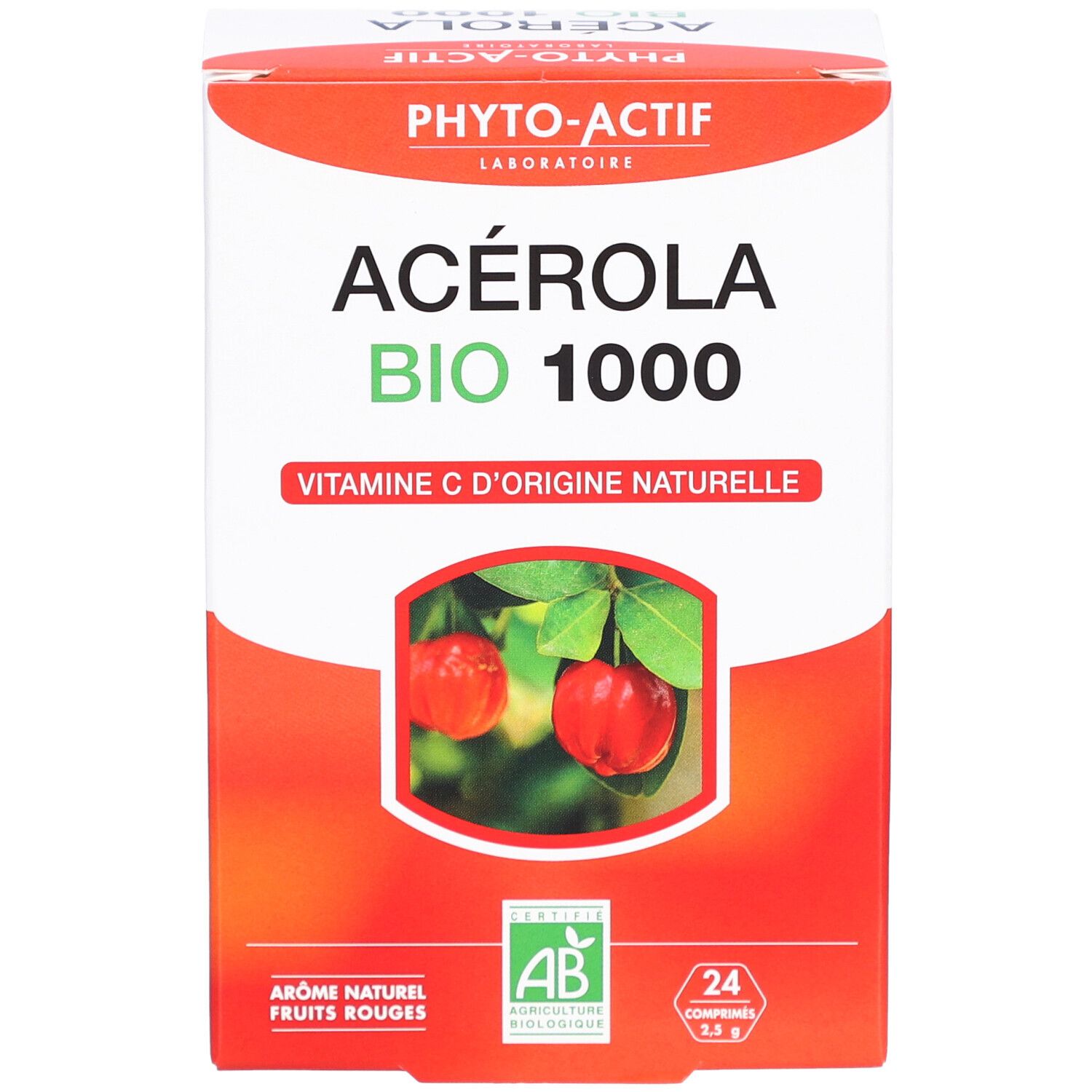 Vorderseite der Schachtel von PHYTO-ACTIF Acérola Bio 1000 mg. Rote und weiße Schachtel mit Produktnamen und Bio-Siegel. 24 Tabletten.
