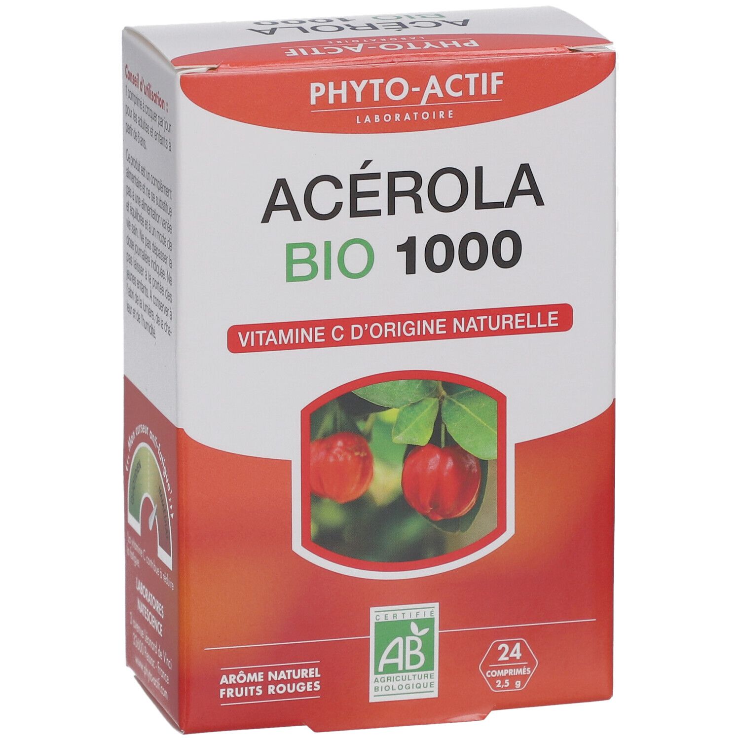Schachtel von PHYTO-ACTIF Acérola Bio 1000 mg. Rote und weiße Schachtel mit Produktnamen und Bio-Siegel. 24 Tabletten.
