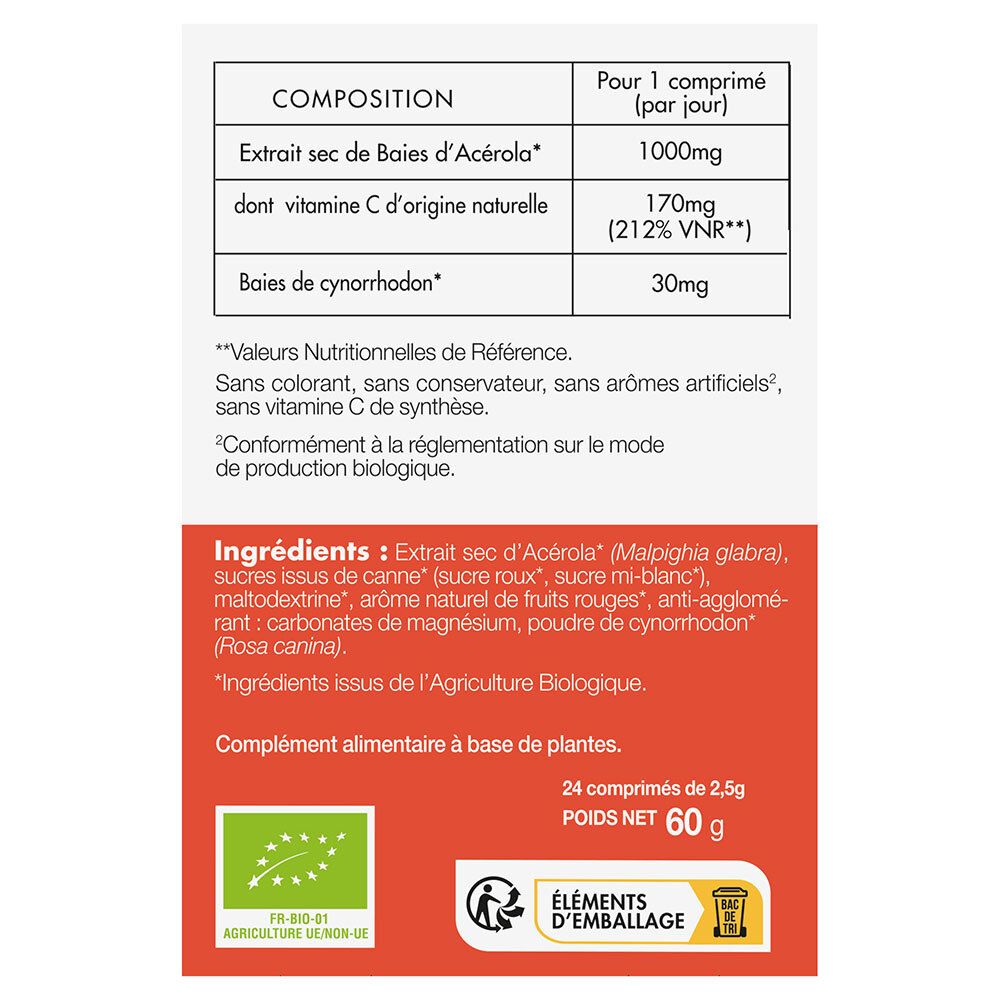 Rückseite der Verpackung. Zutatenliste, Nährwertangaben und Bio-Siegel. 24 Tabletten, 60 g.