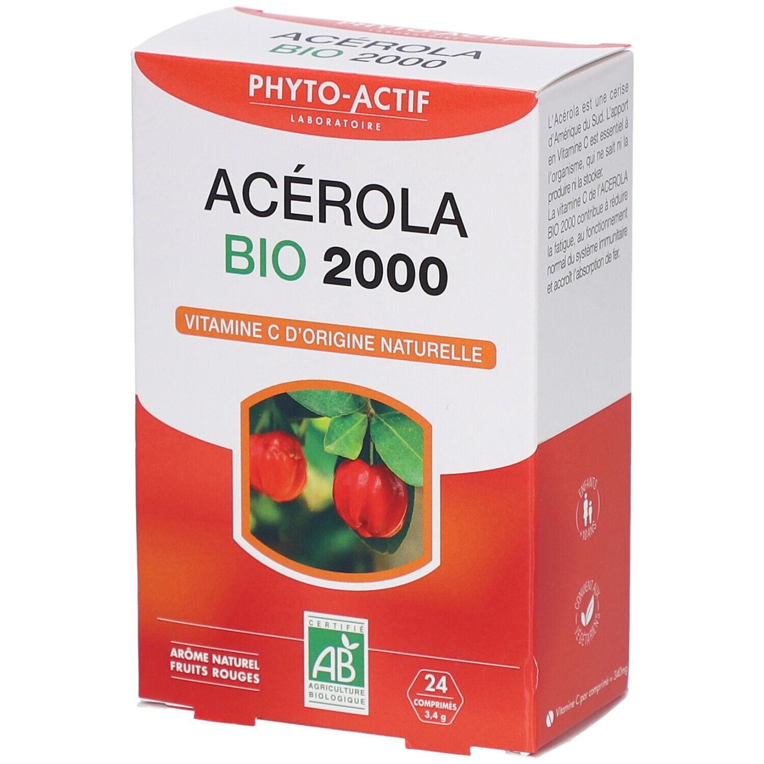 Boîte PHYTO-ACTIF Acérola Bio 2000. Emballage blanc avec design rouge et vert. Contient 24 comprimés. Certification Bio.