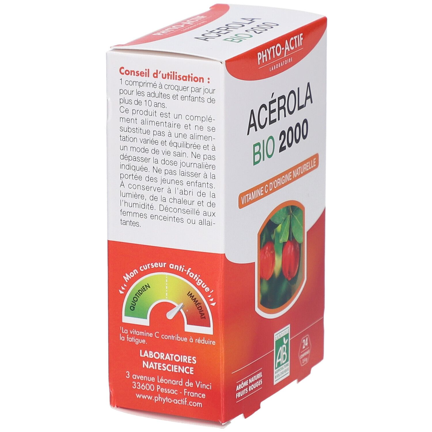 Boîte PHYTO-ACTIF Acérola Bio 2000. Emballage blanc avec design rouge. Contient des informations d'utilisation et des ingrédients. Certification Bio.