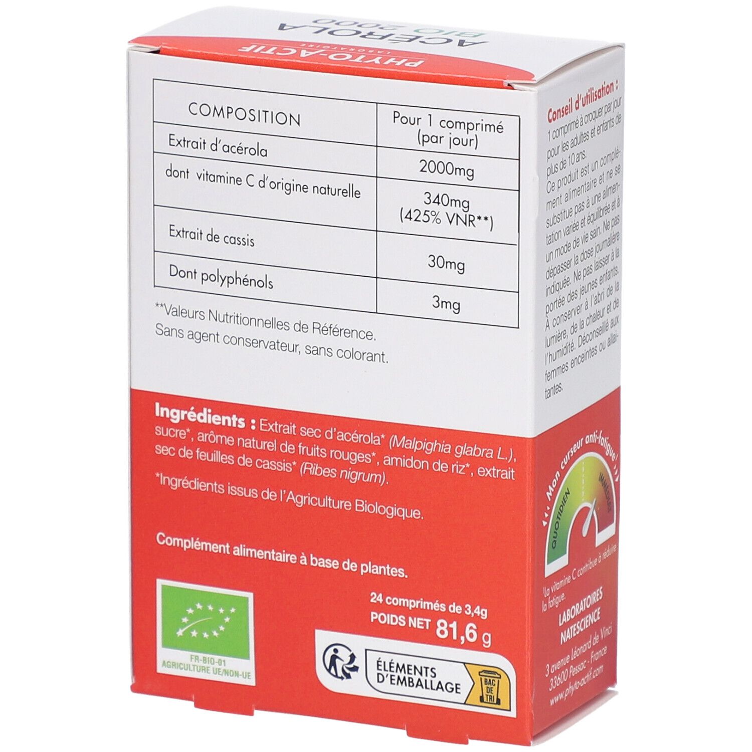 Dos de la boîte PHYTO-ACTIF Acérola Bio 2000. Contient des informations sur les ingrédients et les valeurs nutritionnelles. Certification Bio.