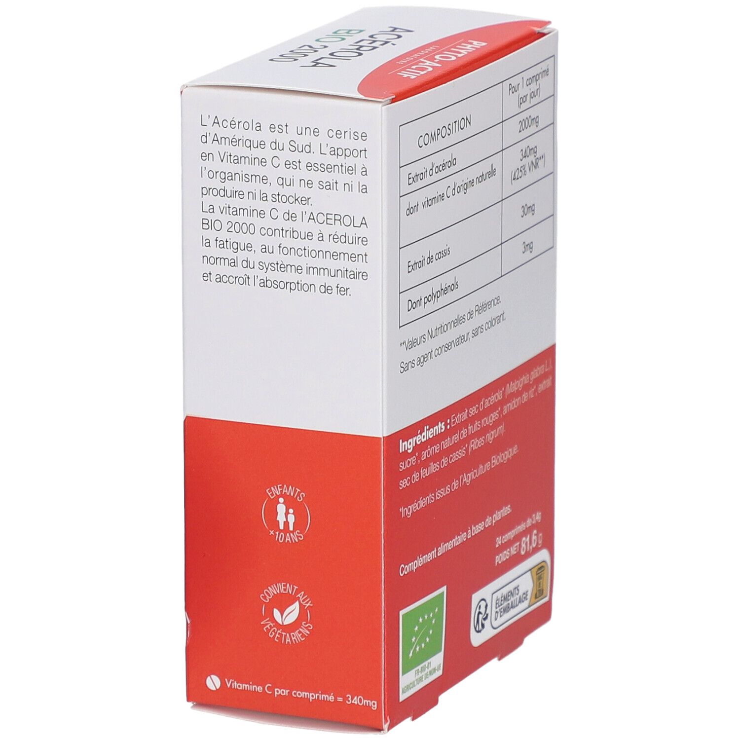 Boîte PHYTO-ACTIF Acérola Bio 2000. Emballage blanc avec design rouge. Contient des informations sur les ingrédients et les valeurs nutritionnelles. Certification Bio.