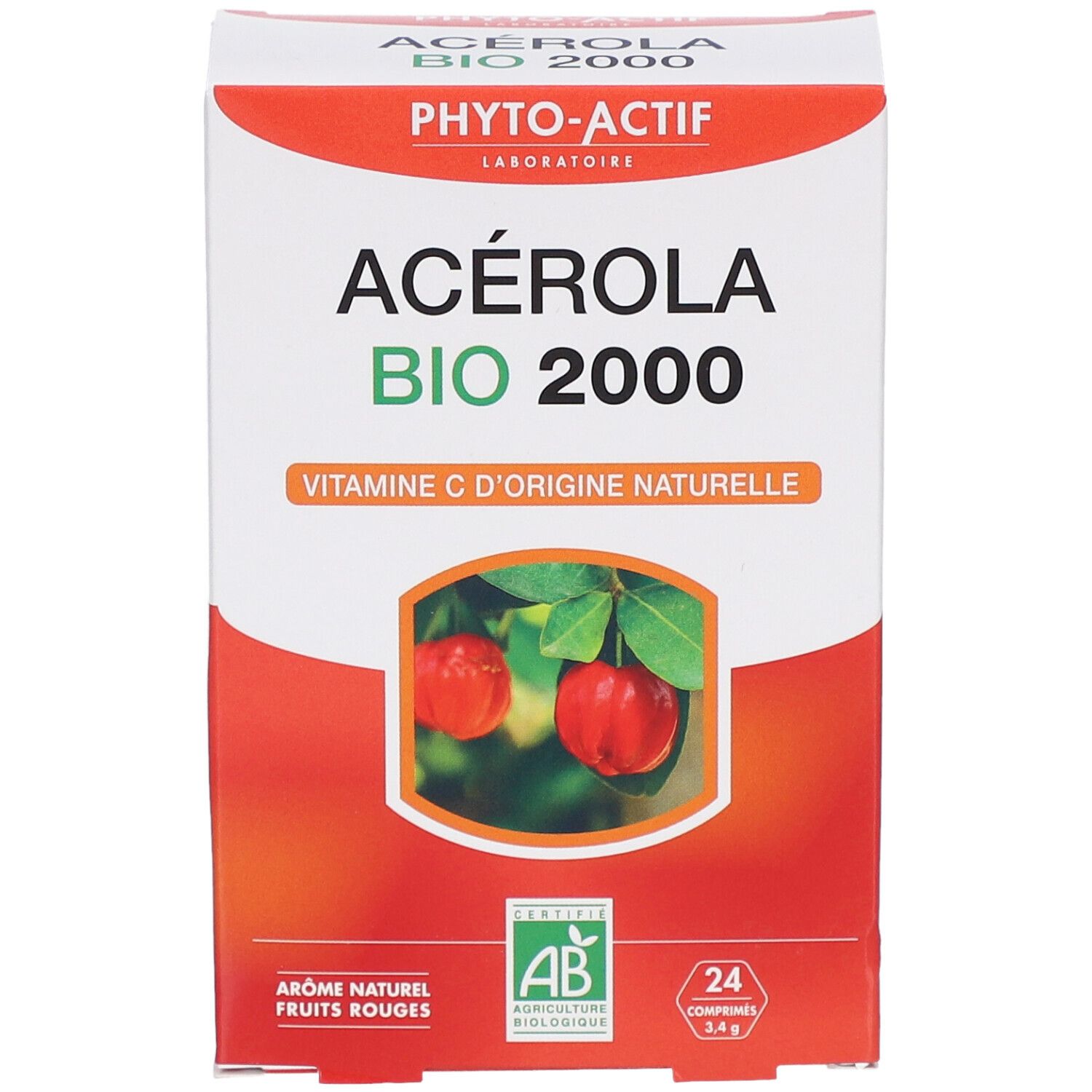 Boîte PHYTO-ACTIF Acérola Bio 2000. Emballage blanc avec design rouge et vert. Contient 24 comprimés. Certification Bio.