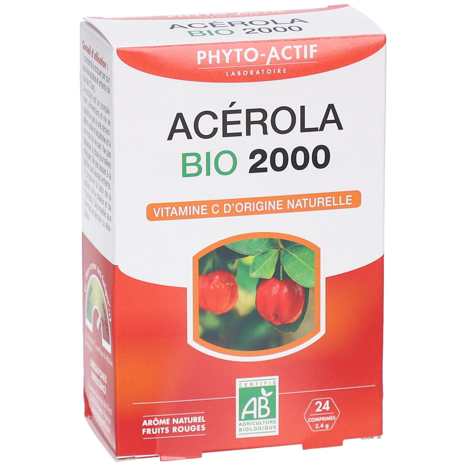 Boîte PHYTO-ACTIF Acérola Bio 2000. Emballage blanc avec design rouge et vert. Contient 24 comprimés. Certification Bio.