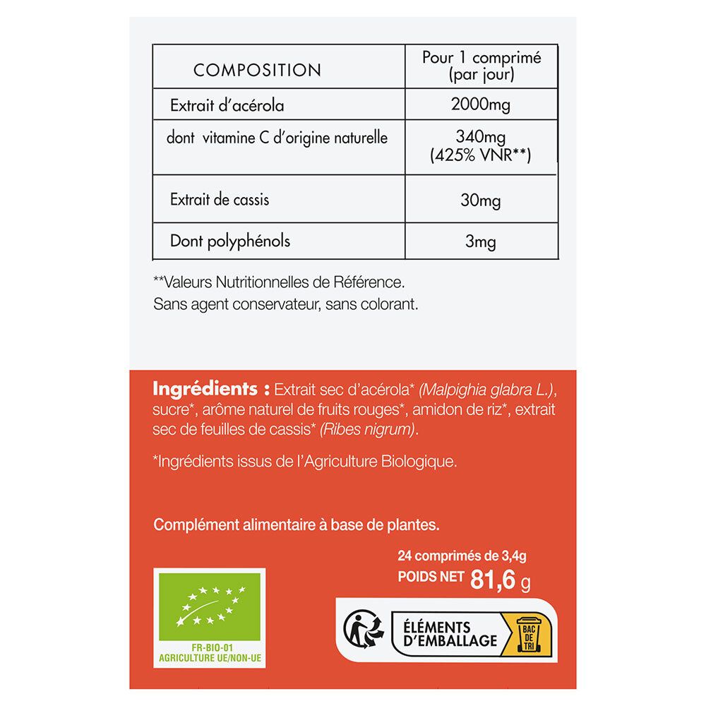 Dos de la boîte de PHYTO-ACTIF Acérola Bio 2000. Contient informations nutritionnelles, liste des ingrédients et label bio. 24 comprimés.