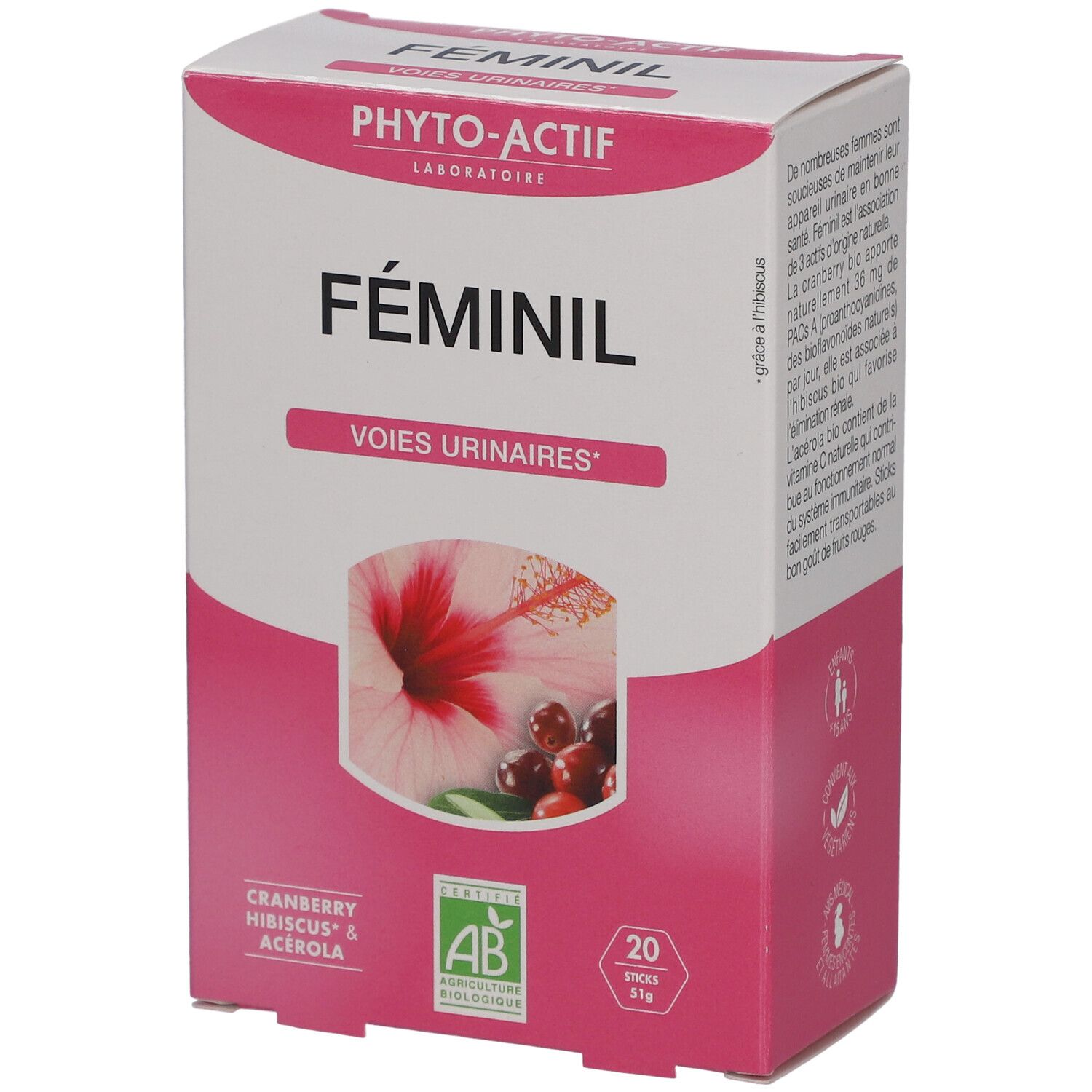 Boîte Féminil, rose et blanche, avec image d'hibiscus et de cranberry. Contient 20 sticks. Label AB Agriculture Biologique.