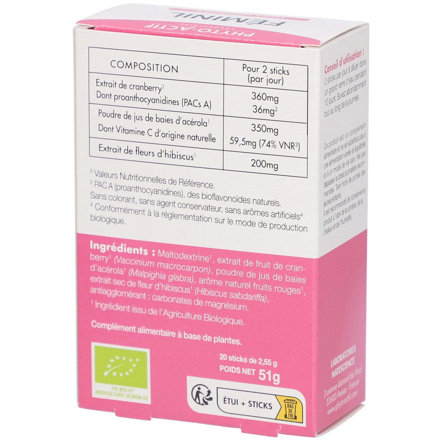 Dos de la boîte Féminil. Liste des ingrédients et informations nutritionnelles. Label AB. 20 sticks, poids net 51g.