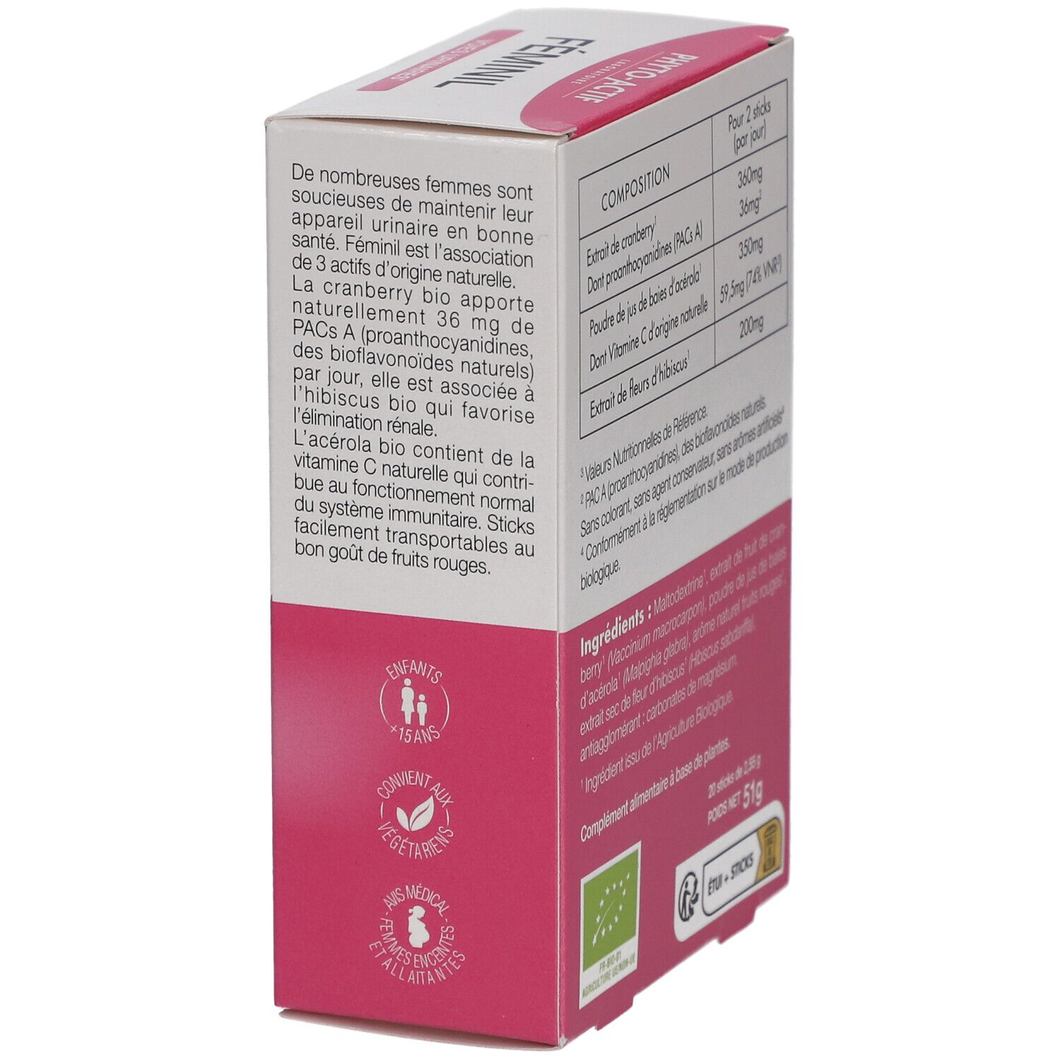 Boîte Féminil, vue latérale. Texte: composition, ingrédients, adresse du fabricant. Label AB. 20 sticks.