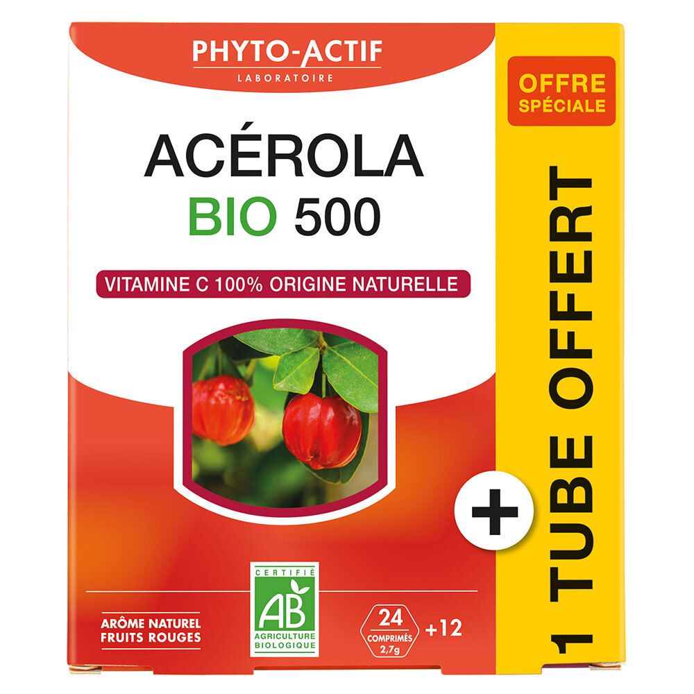 Schachtel mit PHYTO-ACTIF Acérola Bio 500. Rote und gelbe Verpackung mit Produktnamen und Abbildung von Acerola-Kirschen. Enthält 24+12 Tabletten.