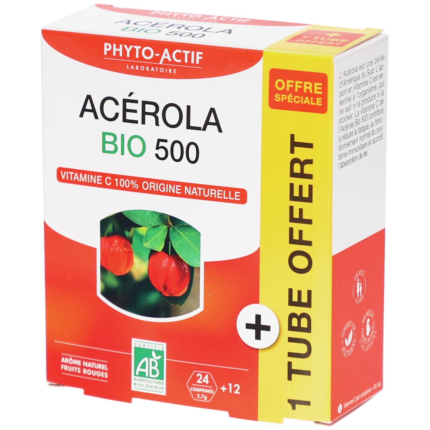 Verpackung von Acerola Bio 500. Rote und weiße Schachtel mit Produktnamen und Abbildung von Acerola-Früchten. Enthält 24+12 Tabletten.