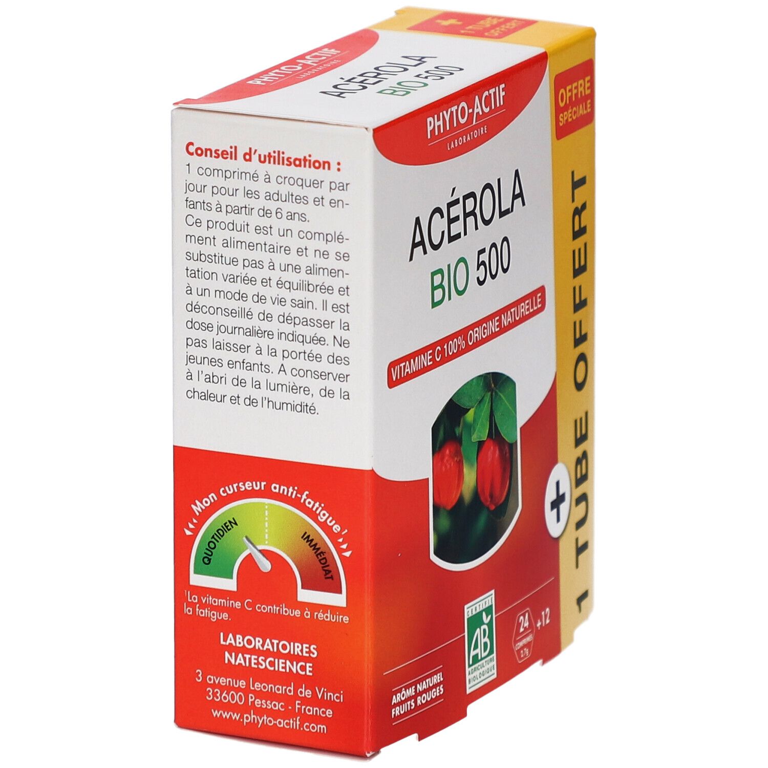 Verpackung von Acerola Bio 500. Weiße Schachtel mit Produktnamen, Abbildung von Acerola-Früchten und Text. Enthält 24+12 Tabletten.