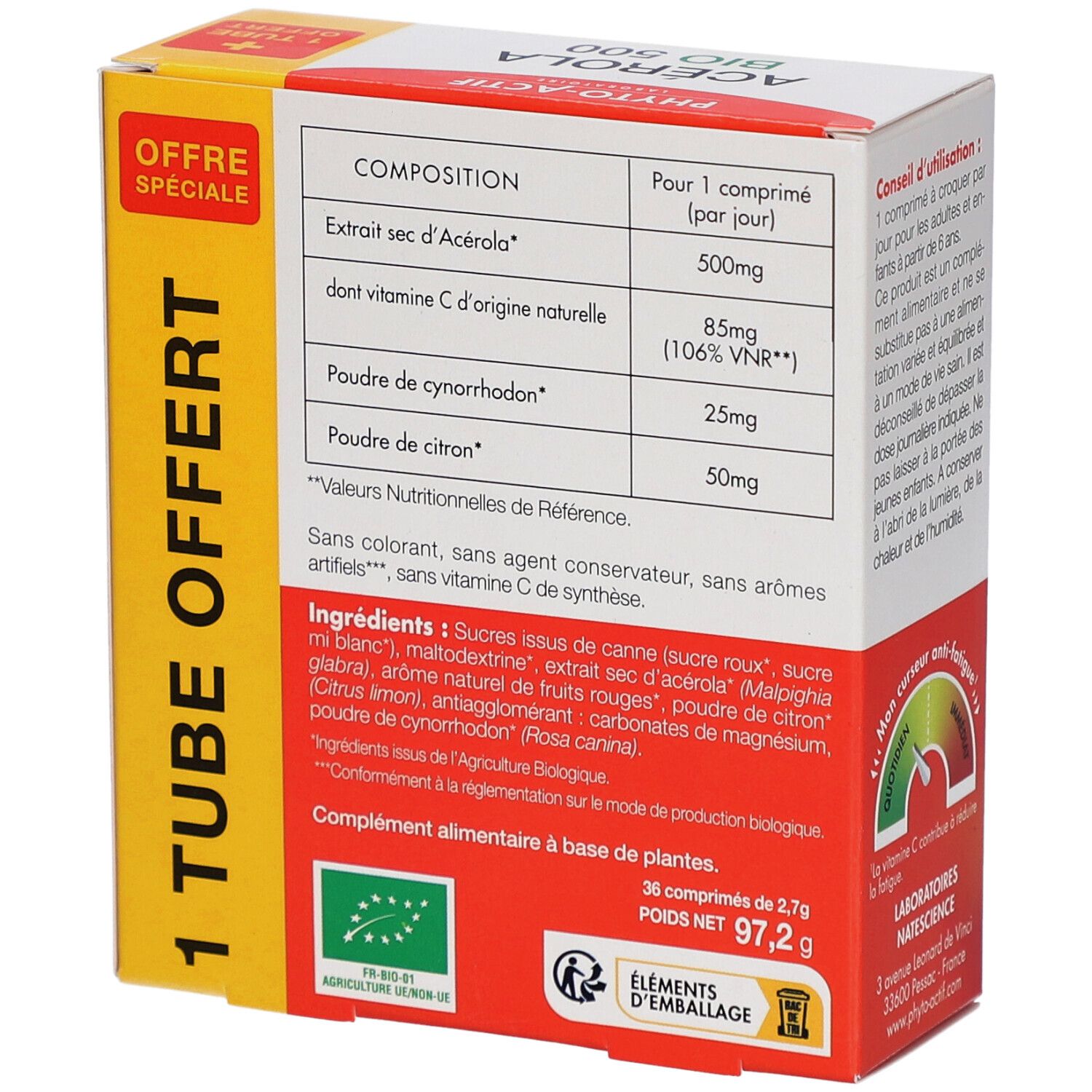 Rückseite der Acerola Bio 500 Verpackung. Enthält Inhaltsstoffe, Nährwertangaben und Zertifizierungen. Rote und weiße Farben.