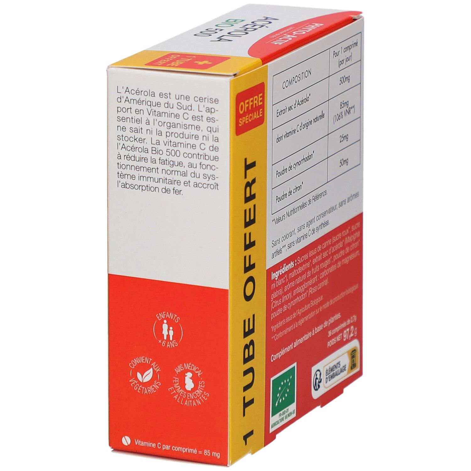 Seite der Acerola Bio 500 Verpackung. Enthält Text und Zertifizierungen. Rote und gelbe Farben.