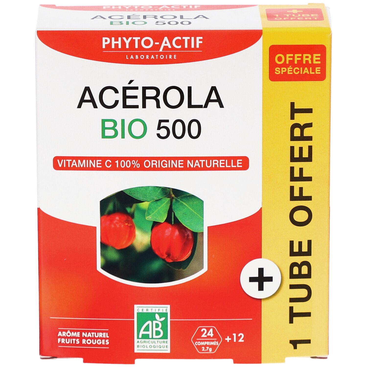 Verpackung von Acerola Bio 500. Rote und weiße Schachtel mit Produktnamen und Abbildung von Acerola-Früchten. Enthält 24+12 Tabletten.