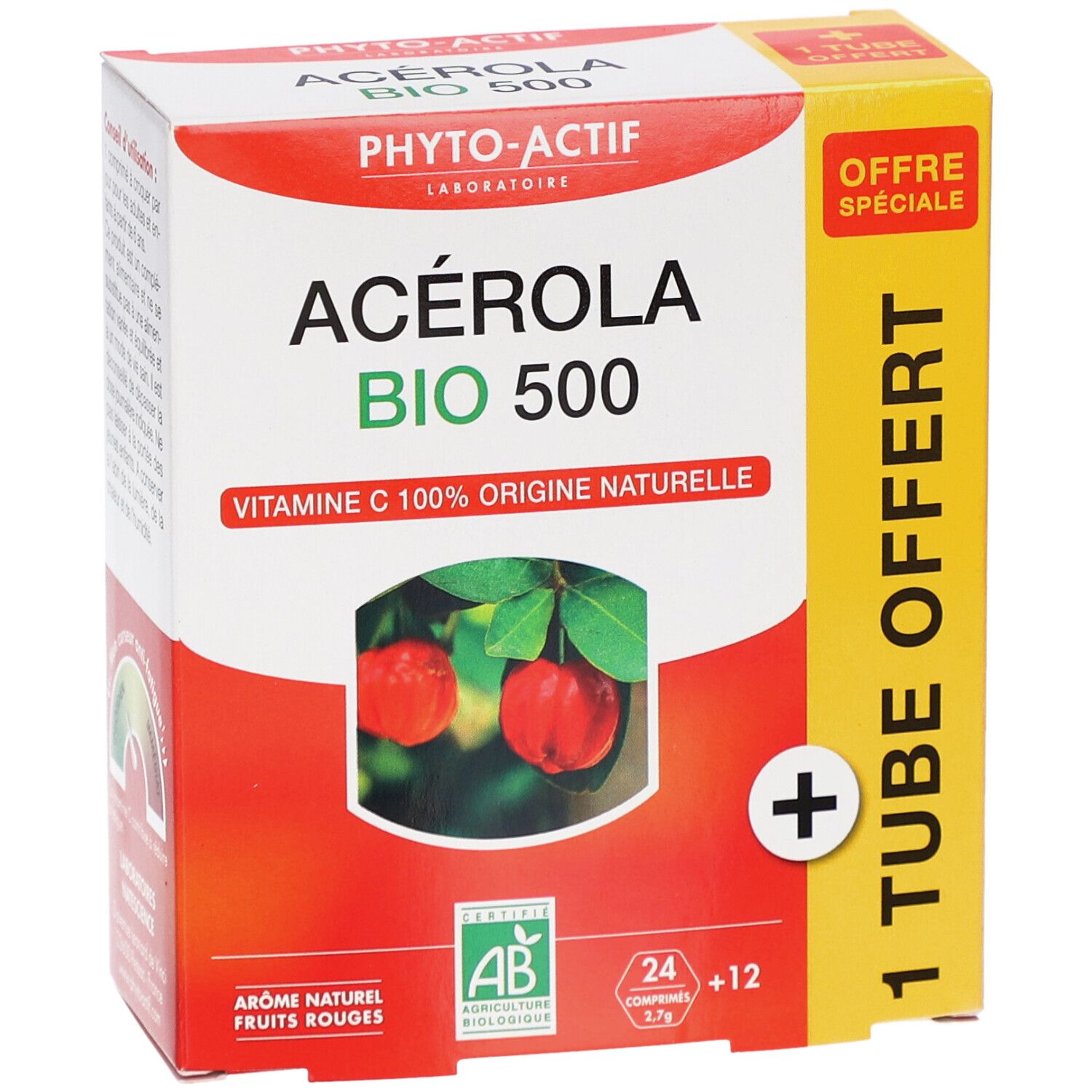 Verpackung von Acerola Bio 500. Rote und weiße Schachtel mit Produktnamen und Abbildung von Acerola-Früchten. Enthält 24+12 Tabletten.