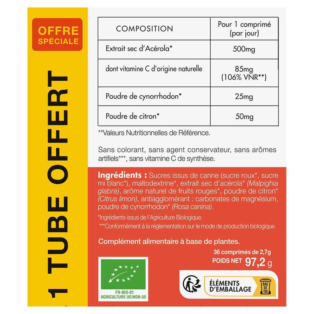 Rückseite der Schachtel mit Inhaltsstoffen und Nährwertangaben für PHYTO-ACTIF Acérola Bio 500. Enthält 36 Tabletten.