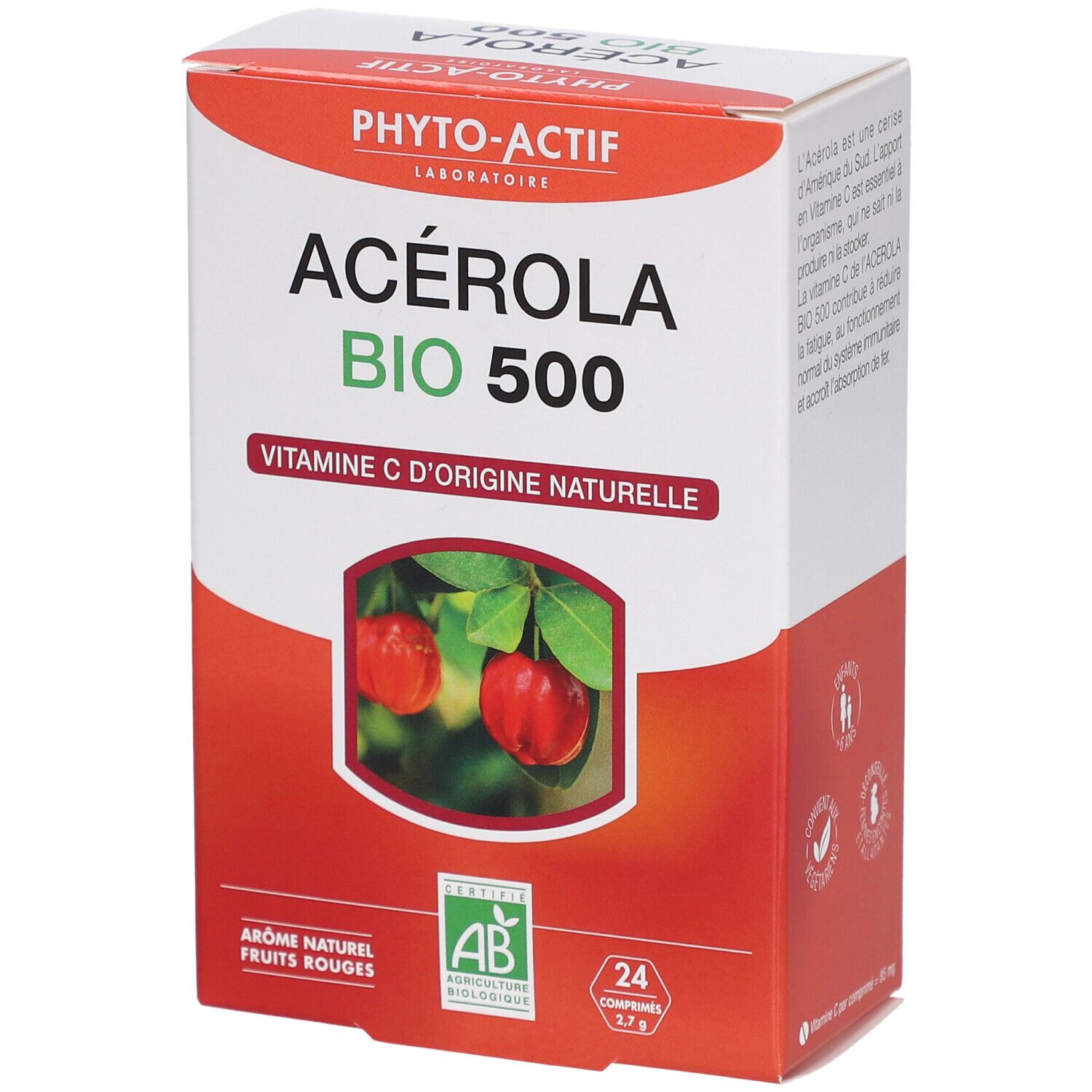 Schachtel PHYTO-ACTIF Acérola Bio 500. Rote und weiße Verpackung. AB-Bio-Siegel. 24 Tabletten.