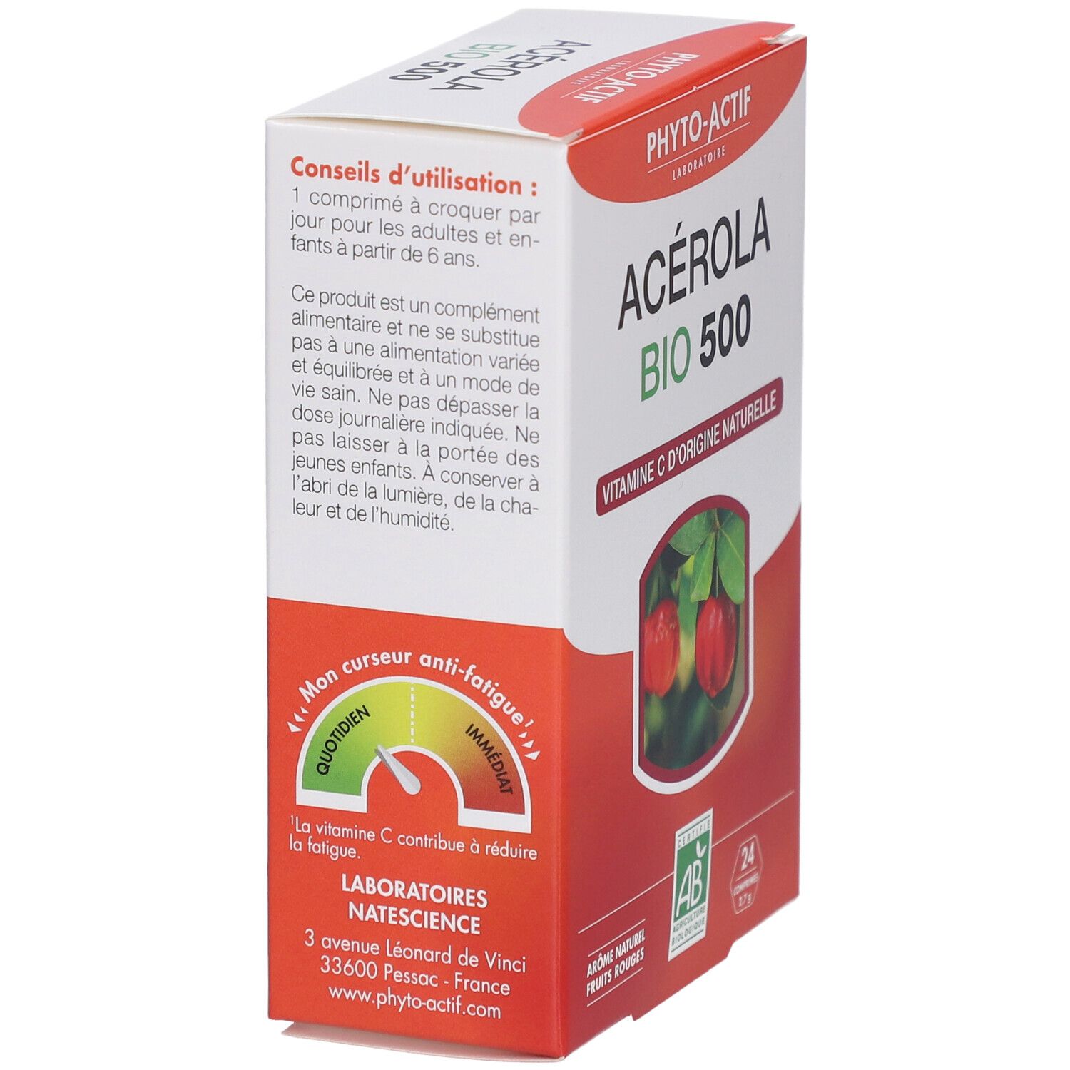 Rückseite der Schachtel PHYTO-ACTIF Acérola Bio 500. Gebrauchsanweisung. AB-Bio-Siegel. 24 Tabletten.
