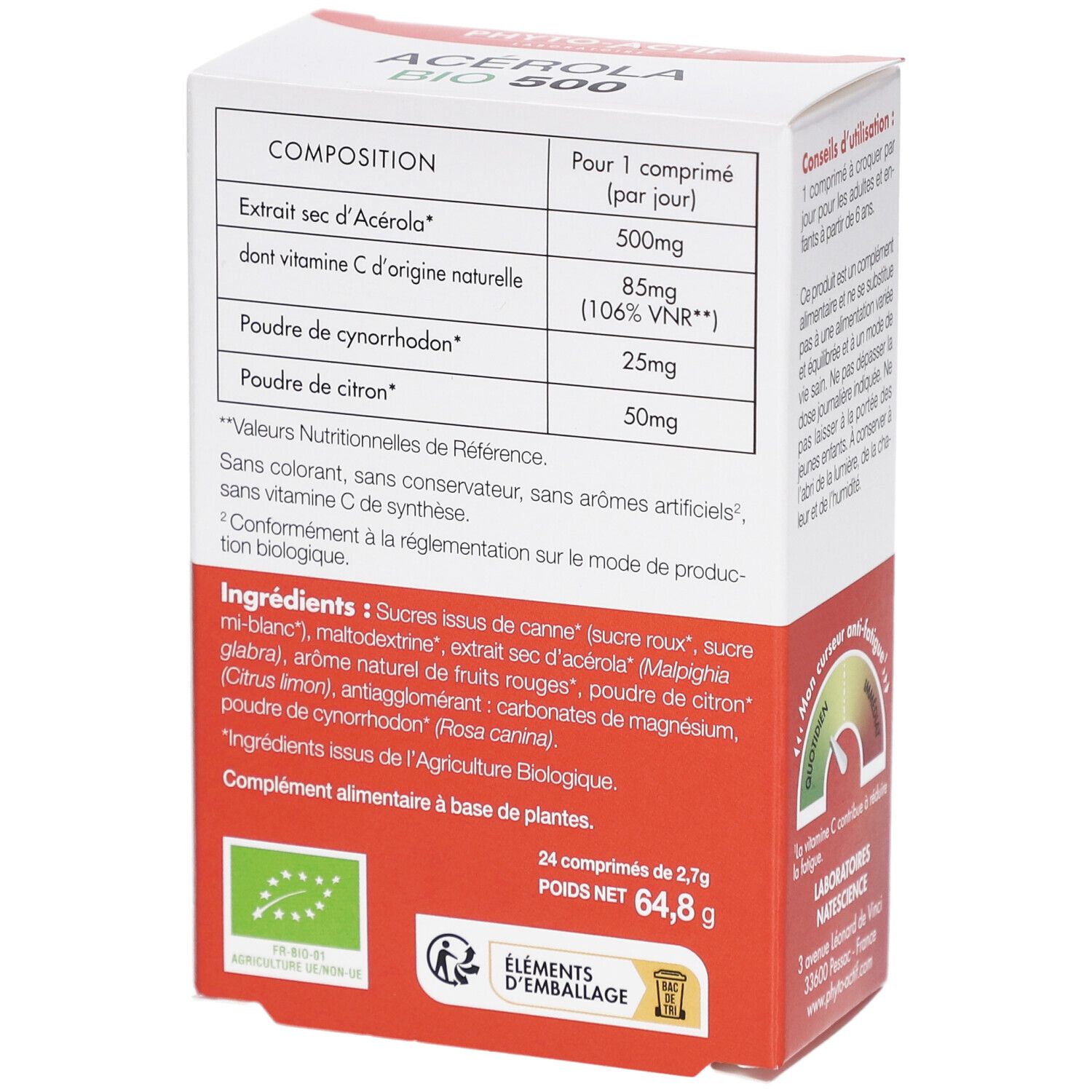 Seite der Schachtel PHYTO-ACTIF Acérola Bio 500. Zutatenliste. AB-Bio-Siegel. 24 Tabletten.