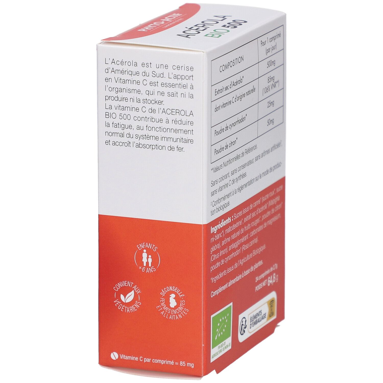 Seite der Schachtel PHYTO-ACTIF Acérola Bio 500. Informationen. AB-Bio-Siegel. 24 Tabletten.