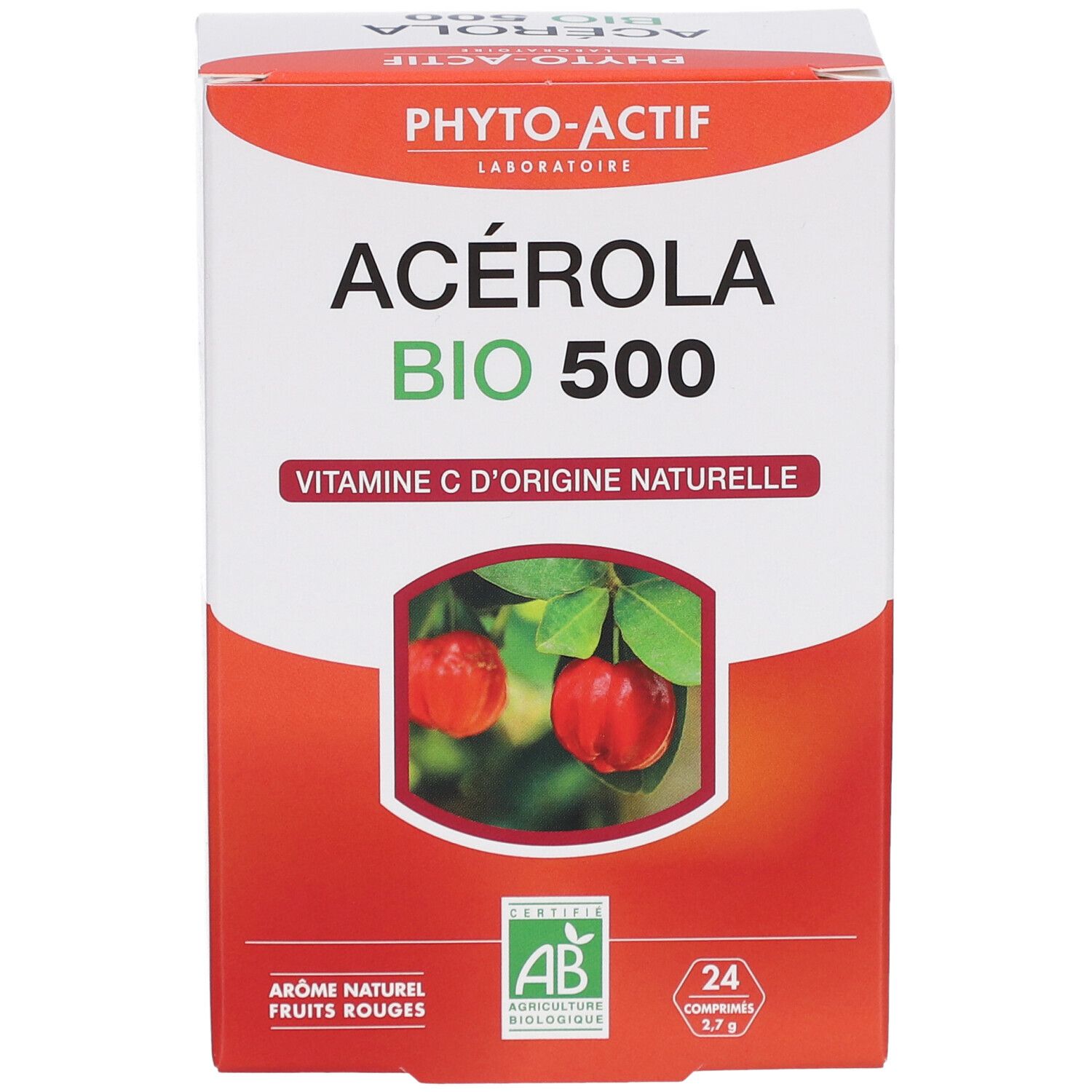 Schachtel PHYTO-ACTIF Acérola Bio 500. Rote und weiße Verpackung. AB-Bio-Siegel. 24 Tabletten.