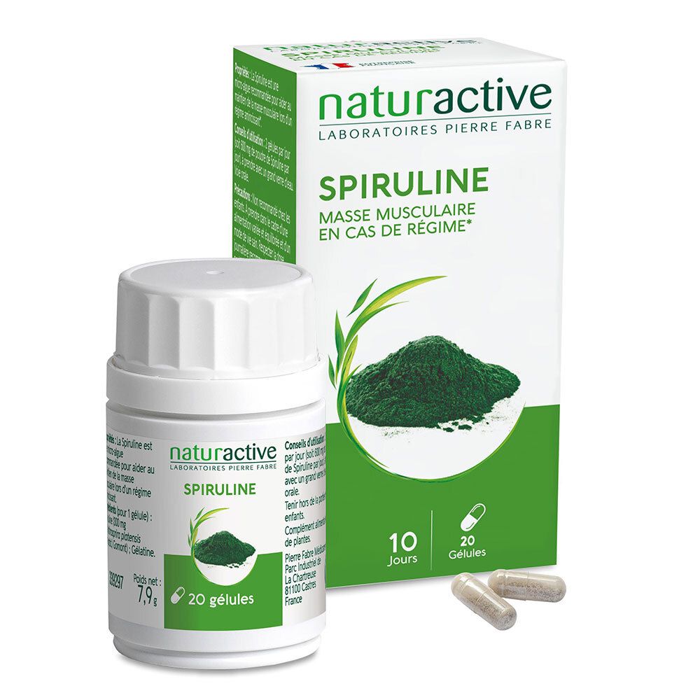 Weiße Flasche und Schachtel mit Spirulina-Kapseln. Aufschrift: Naturactive, Spiruline. 20 Kapseln. Grüne Pulver und Kapseln.