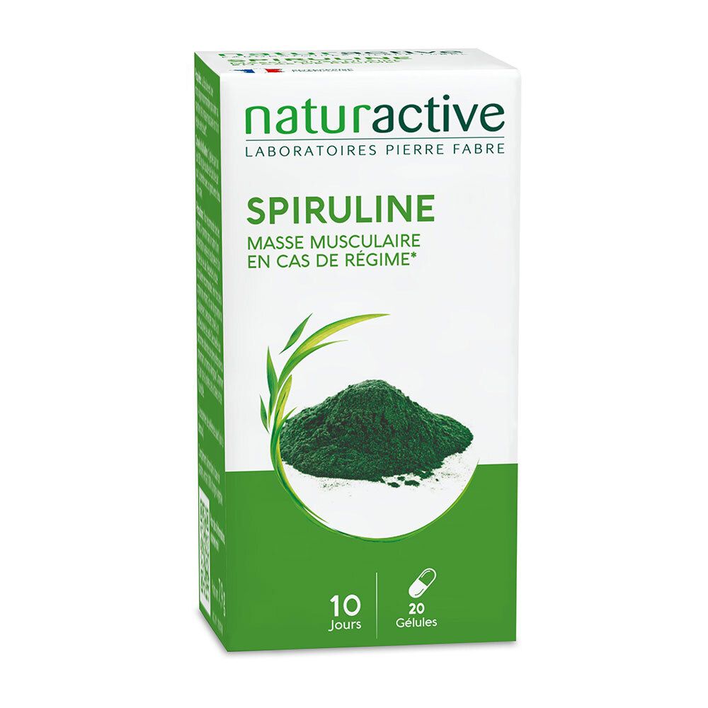 Weiße Schachtel mit Spirulina-Kapseln. Aufschrift: Naturactive, Spiruline. 10 Tage. 20 Kapseln. Grünes Pulver und Kapsel.