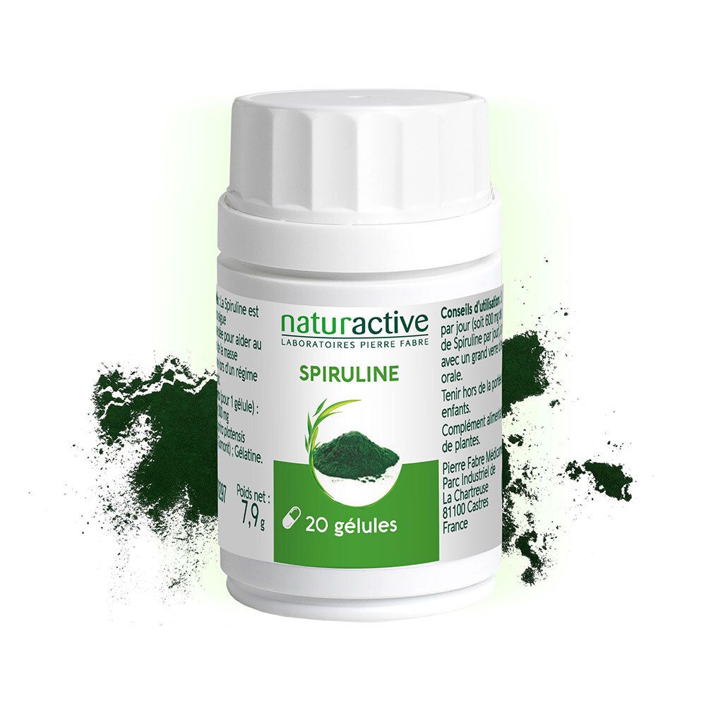 Weiße Flasche mit Spirulina-Kapseln. Aufschrift: Naturactive, Spiruline. 20 Kapseln. Grünes Pulver. Aufschrift: 7,9g.