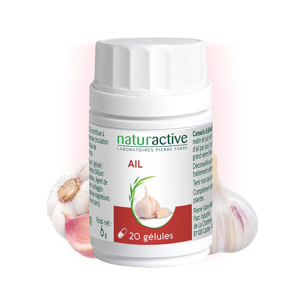 Weiße Flasche mit Naturactive-Logo. Aufschrift: Ail, 20 Kapseln, Knoblauch-Abbildung. Knoblauch-Abbildung im Hintergrund.