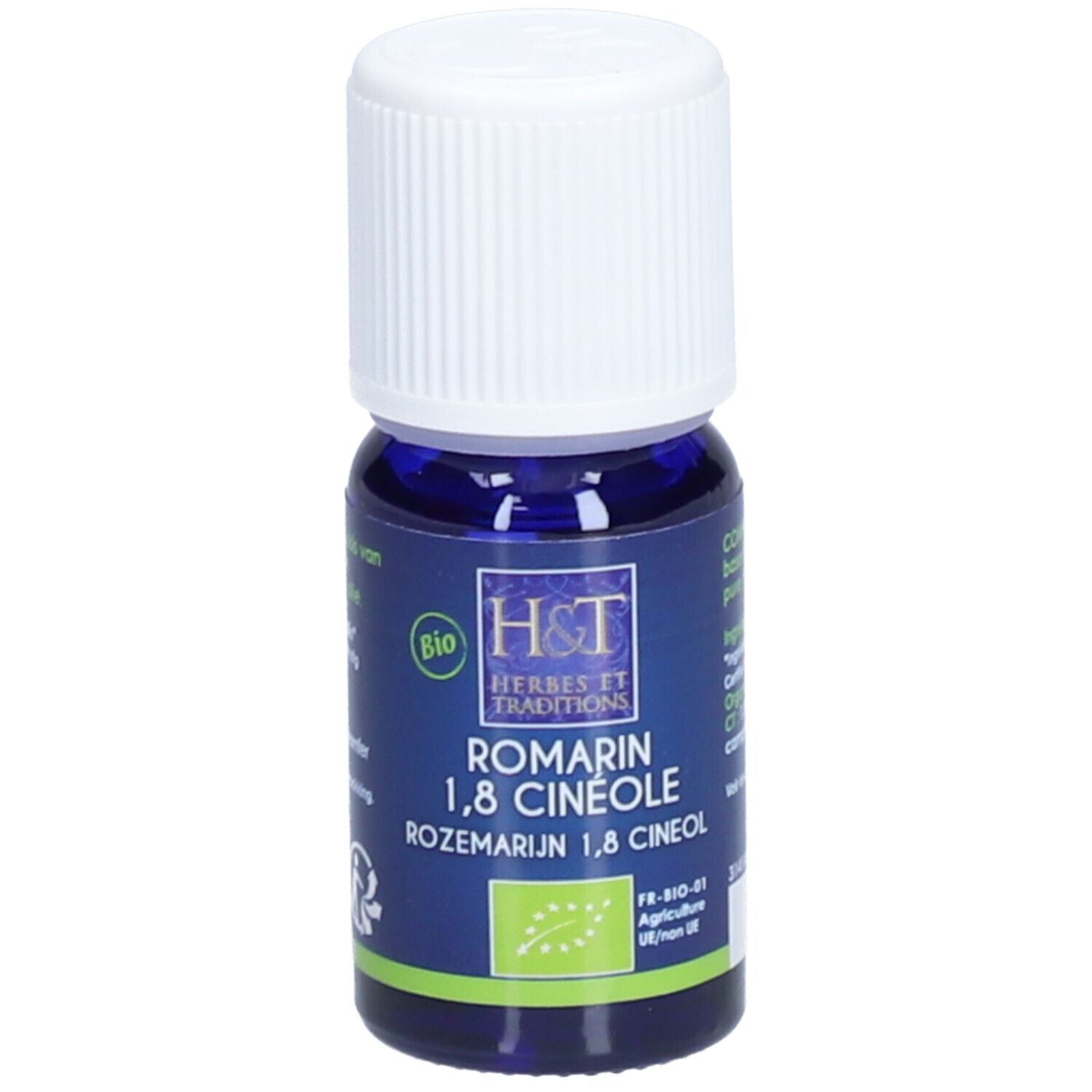 Dunkelblaue Glasflasche mit weißem Deckel. Aufschrift: H&T, Romarin 1,8 Cinéole, Bio-Siegel. Etikett mit grünen und weißen Akzenten.