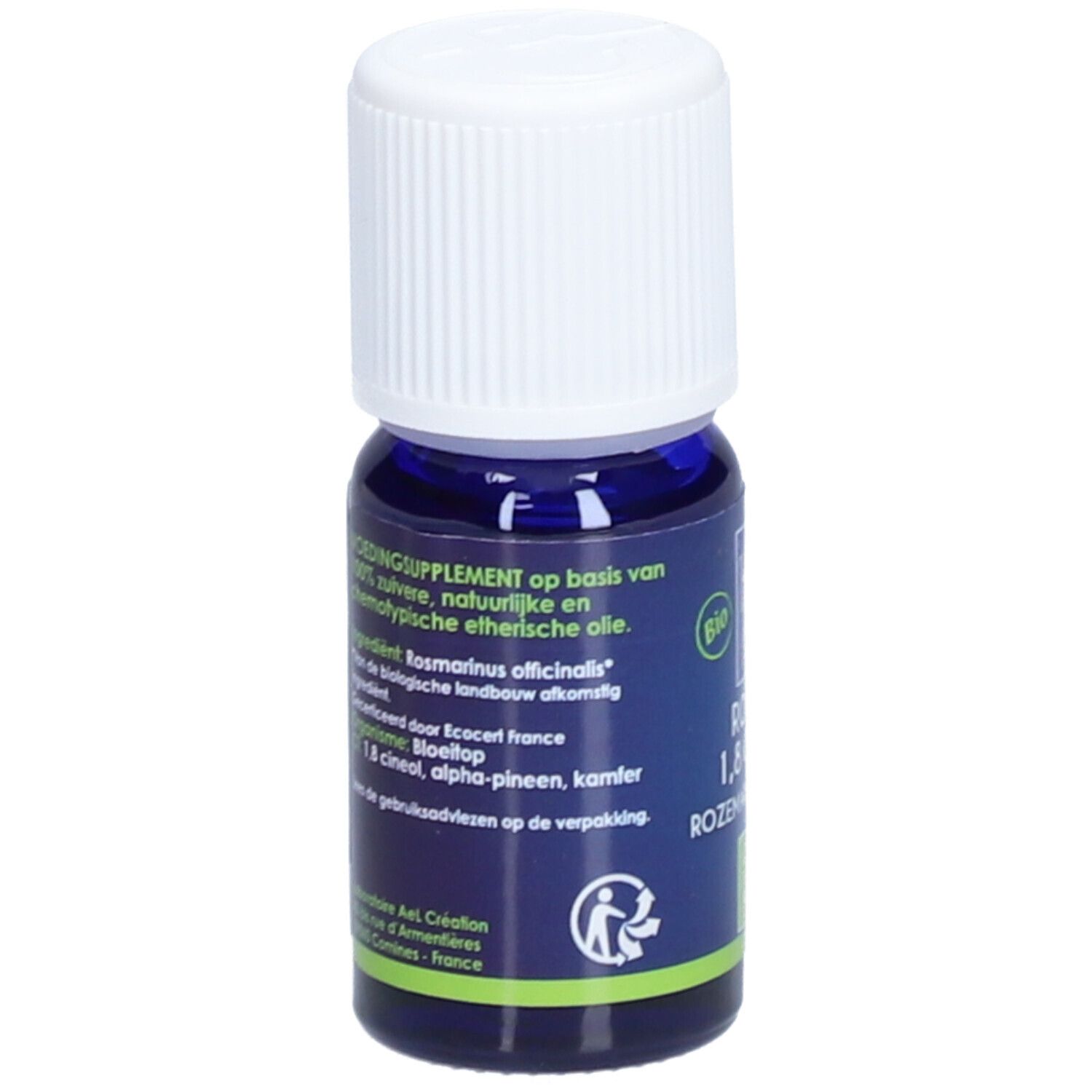 Dunkelblaue Glasflasche mit weißem Deckel. Etikett mit Text in mehreren Sprachen. Bio-Zertifizierung und Herstellerinformationen.