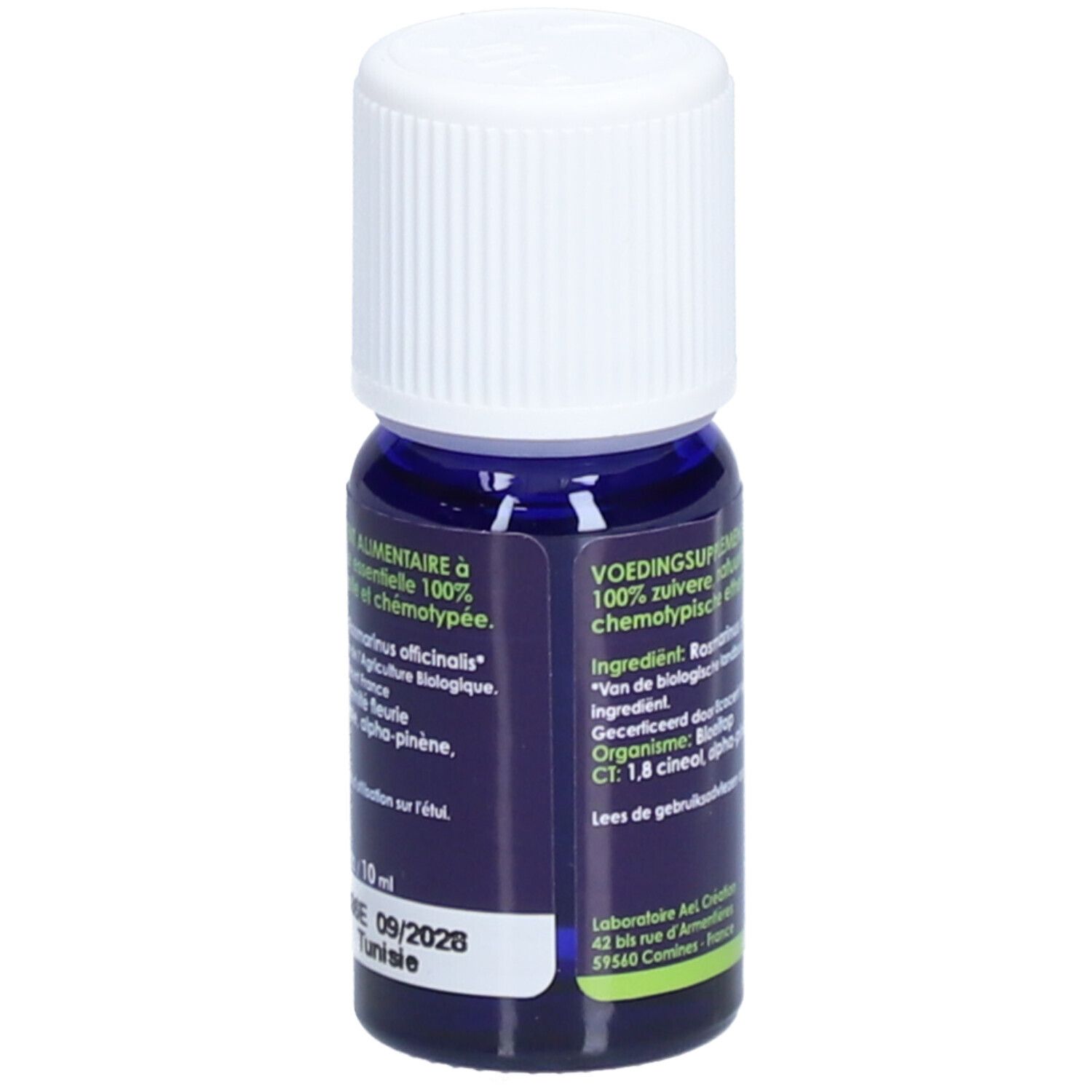 Dunkelblaue Glasflasche mit weißem Deckel. Etikett mit Text in mehreren Sprachen. Haltbarkeitsdatum 09/2028.