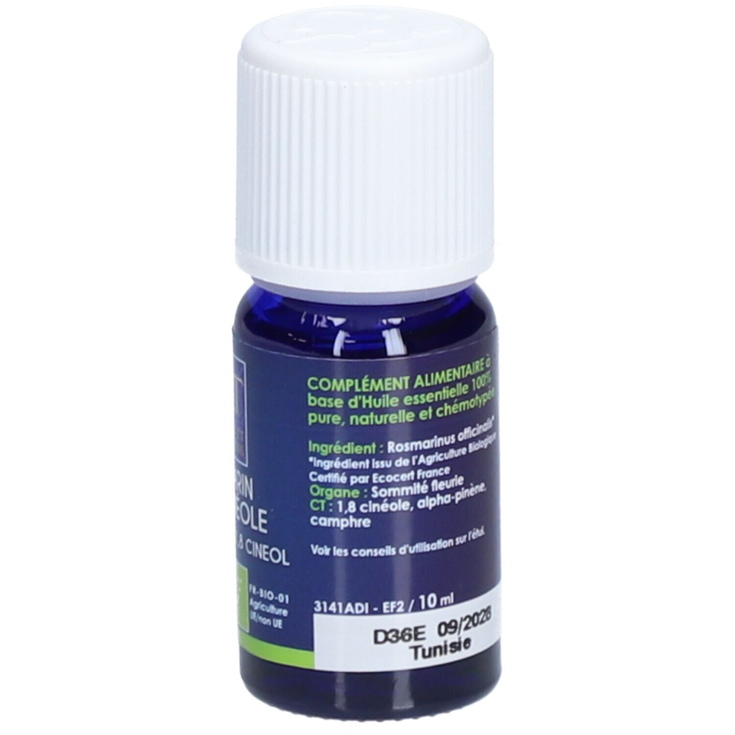 Dunkelblaue Glasflasche mit weißem Deckel. Etikett mit Text in mehreren Sprachen. 10 ml, Bio-Zertifizierung.