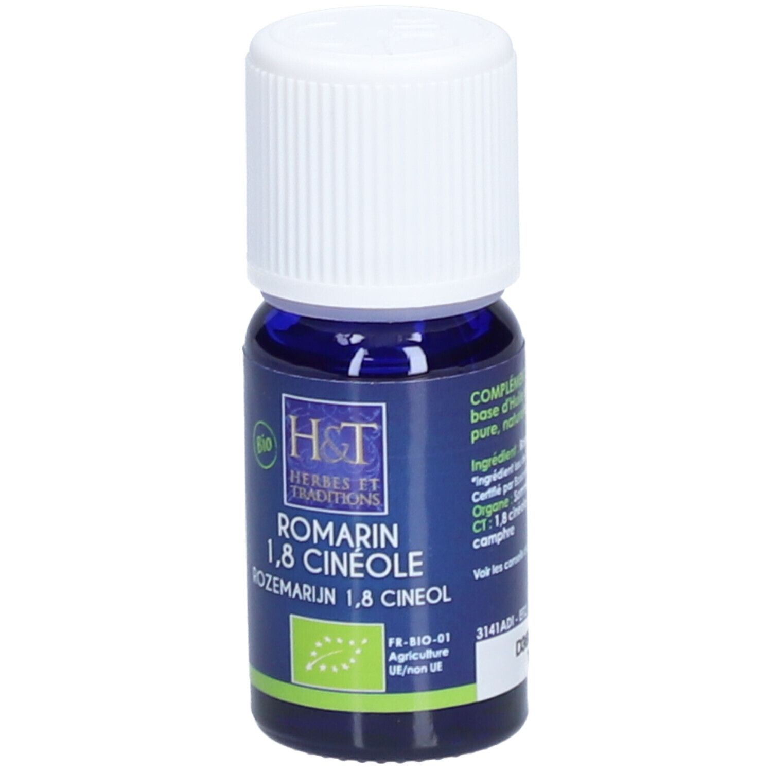 Dunkelblaue Glasflasche mit weißem Deckel. Aufschrift: H&T, Romarin 1,8 Cinéole, Bio-Siegel. Etikett mit grünen und weißen Akzenten.
