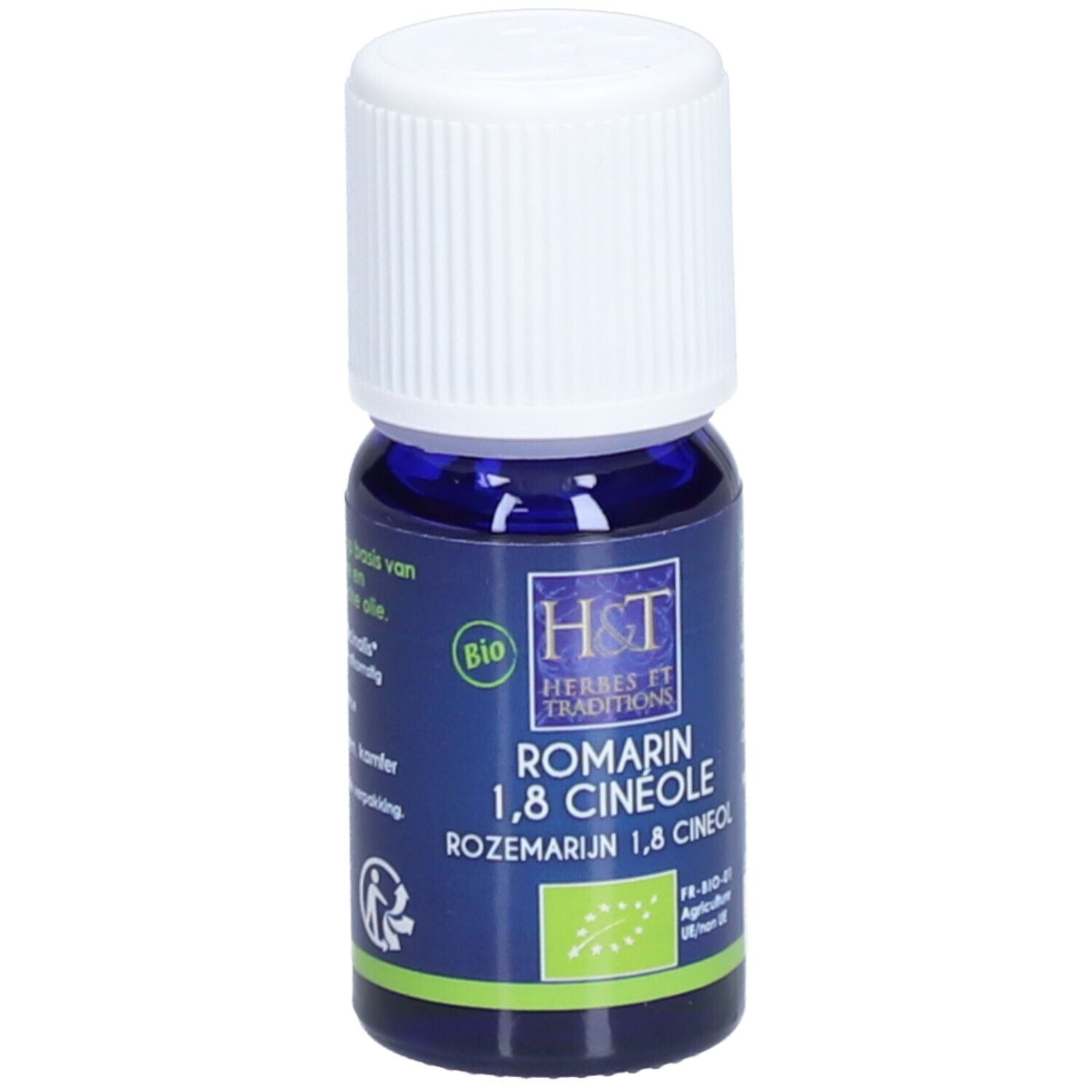 Dunkelblaue Glasflasche mit weißem Deckel. Aufschrift: H&T, Romarin 1,8 Cinéole, Bio-Siegel. Etikett mit grünen und weißen Akzenten.