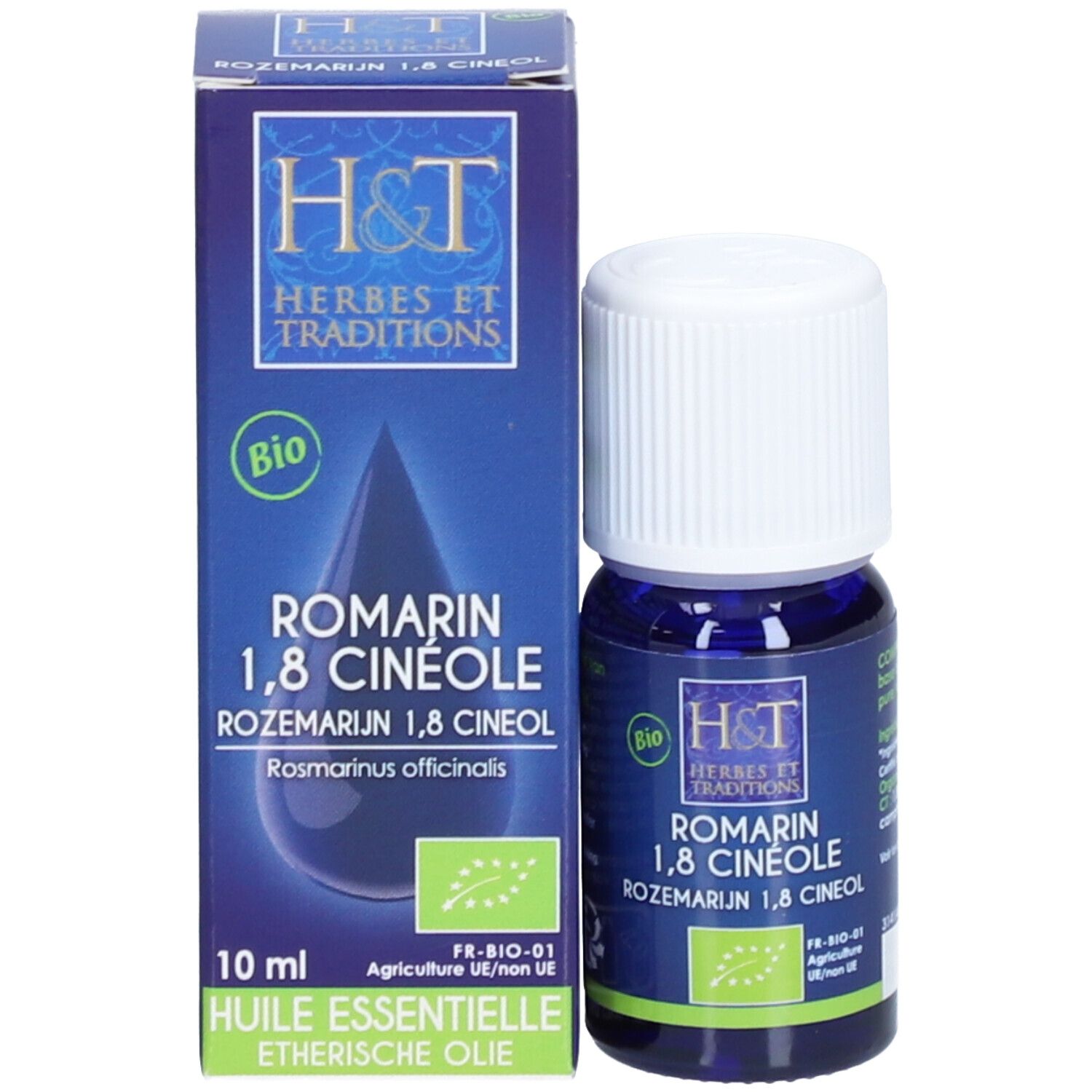 Produktverpackung und Flasche. Verpackung: blau, H&T, Romarin 1,8 Cinéole, 10 ml. Flasche: dunkelblau, weißer Deckel, H&T.