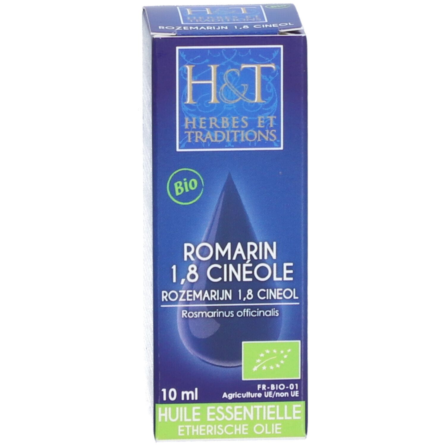 Blaue Produktverpackung. Aufschrift: H&T, Romarin 1,8 Cinéole, 10 ml. Bio-Siegel. Tropfen-Illustration.