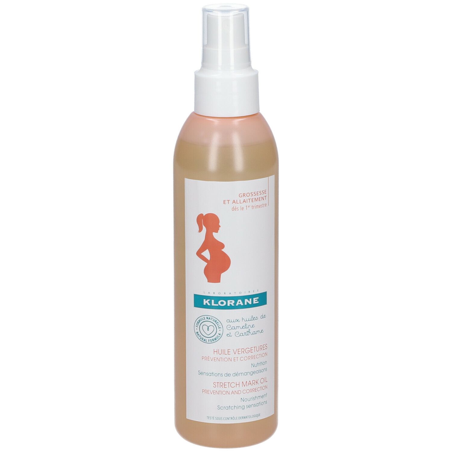 Flacon d'huile Klorane avec vaporisateur. Inscription: Grossesse et allaitement. Logo femme enceinte. Nom du produit et informations.